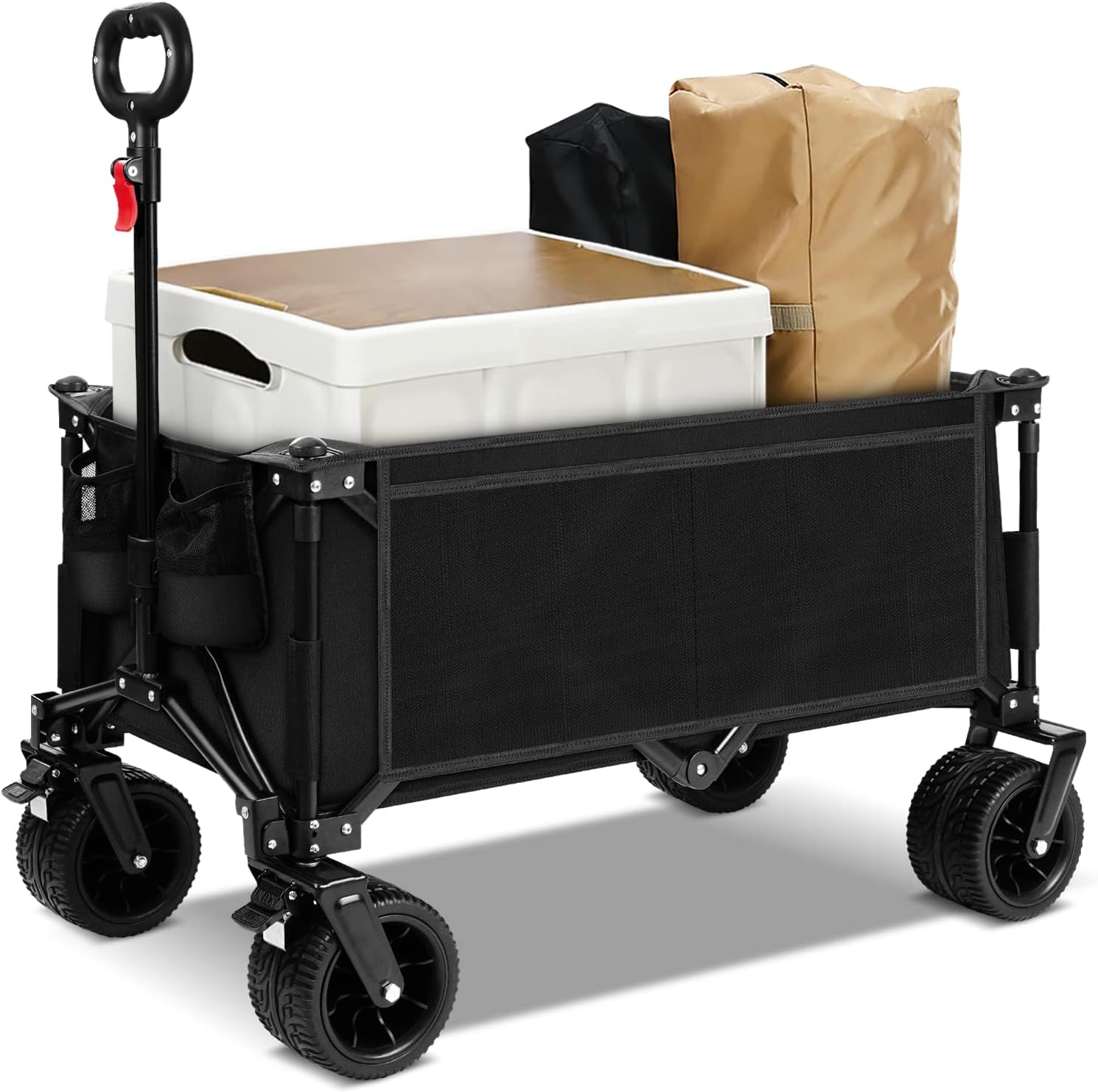 Calanofin Heavy Duty Collapsible Wagon Cart Utility 180L Foldable Beach Wagon for All-Terrain Garden Cart with Big Wheels for Sand. Side Pockets & Drink Holders for Shopping Beach Camping Outdoors