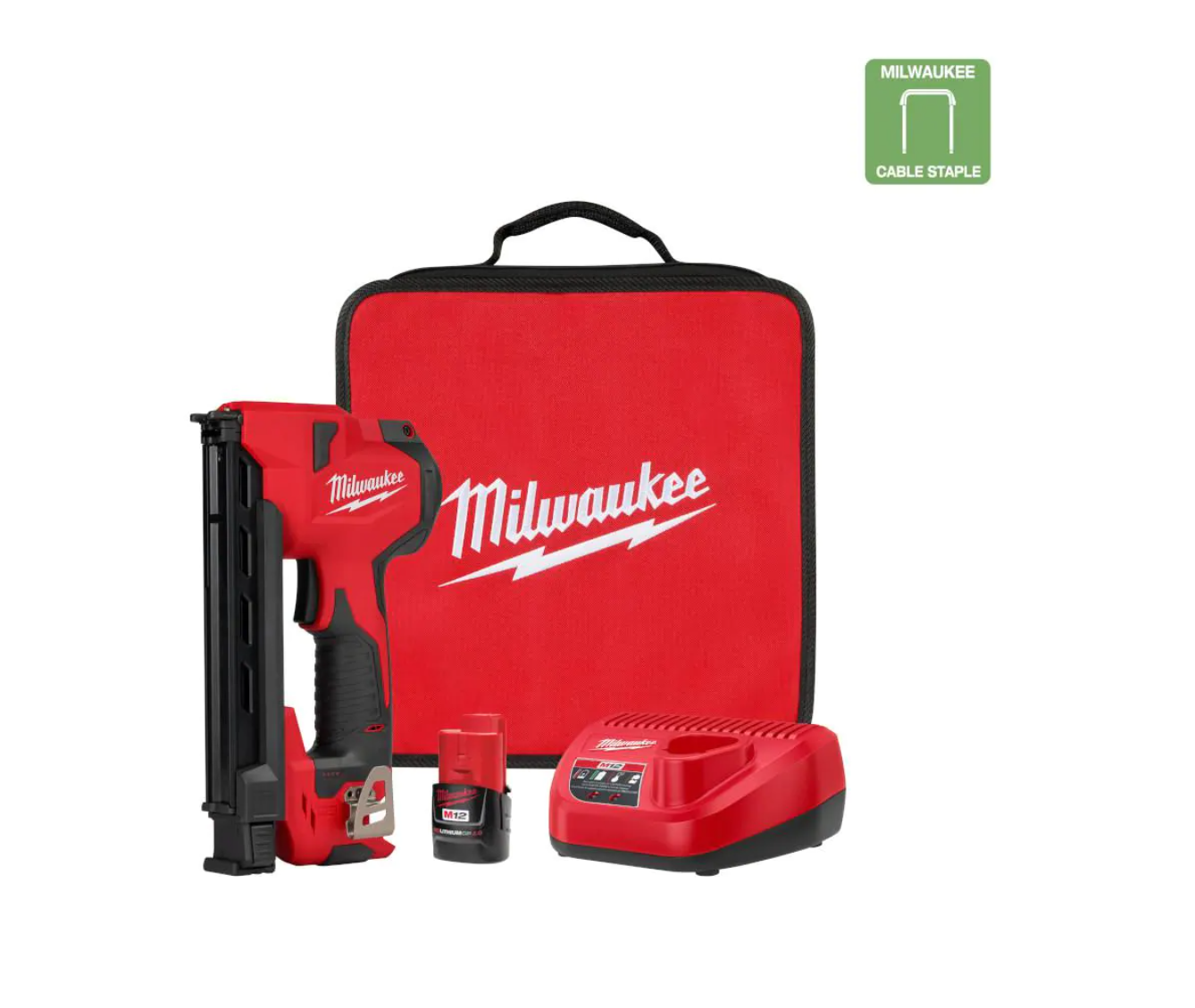 Milwaukee 2448-21 M12 12-Volt Lithium-Ion Cordless Cable Stapler Nailer Kit with 2.0Ah Battery. Charger and Bag