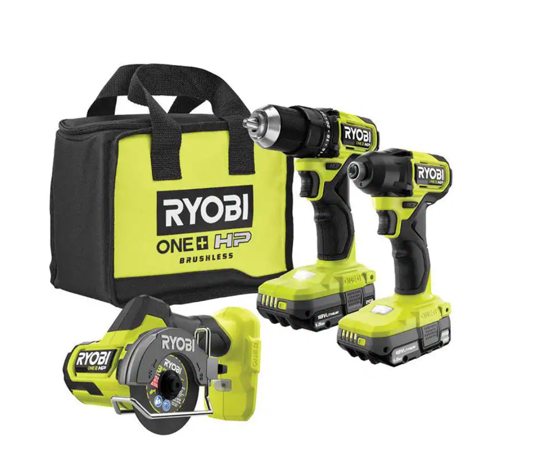 RYOBI PSBCK01K-PSBCS02B ONE+ HP 18V Brushless Cordless Compact 1/2 in. Drill/Driver. Impact Driver. Cut-Off Tool. (2) Batteries. Charger. Bag