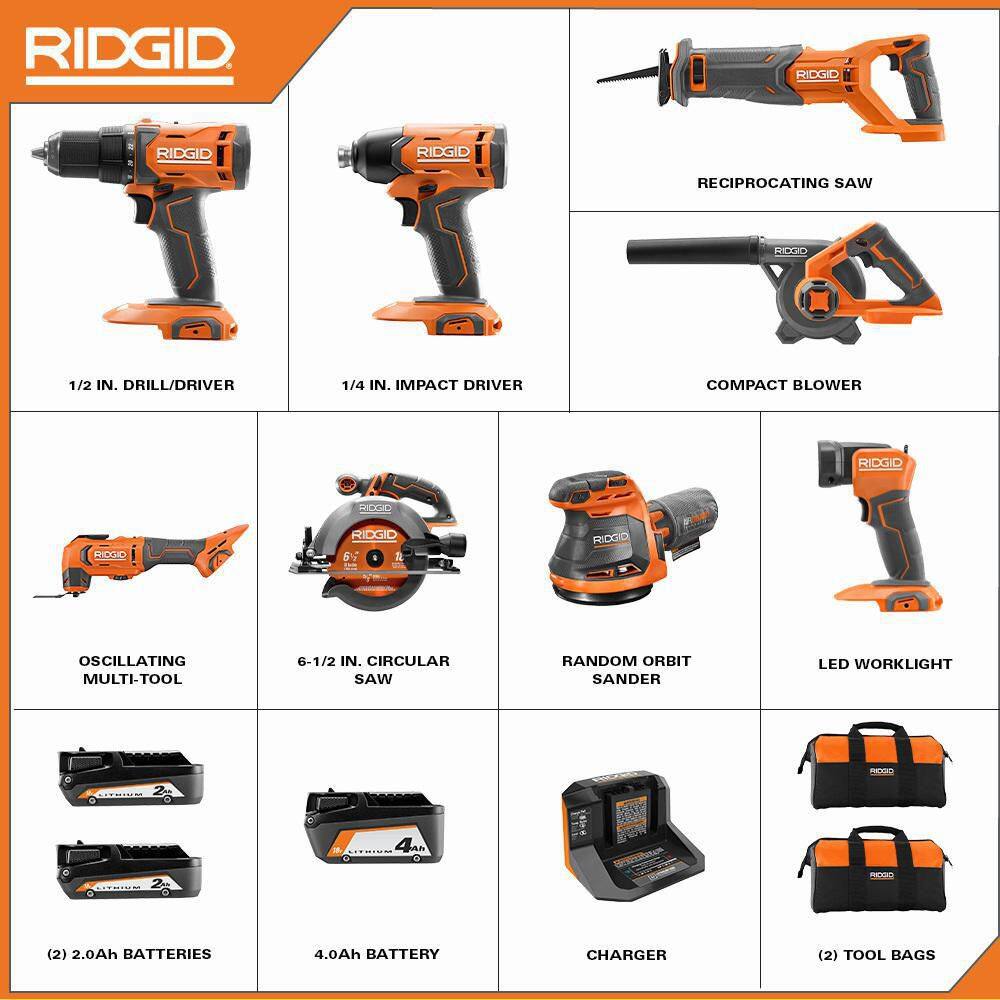 RIDGID R96258 18V Cordless 8-Tool Combo Kit with (2) 2.0 Ah Batteries. (1) 4.0 Ah Battery. Charger. and Bag