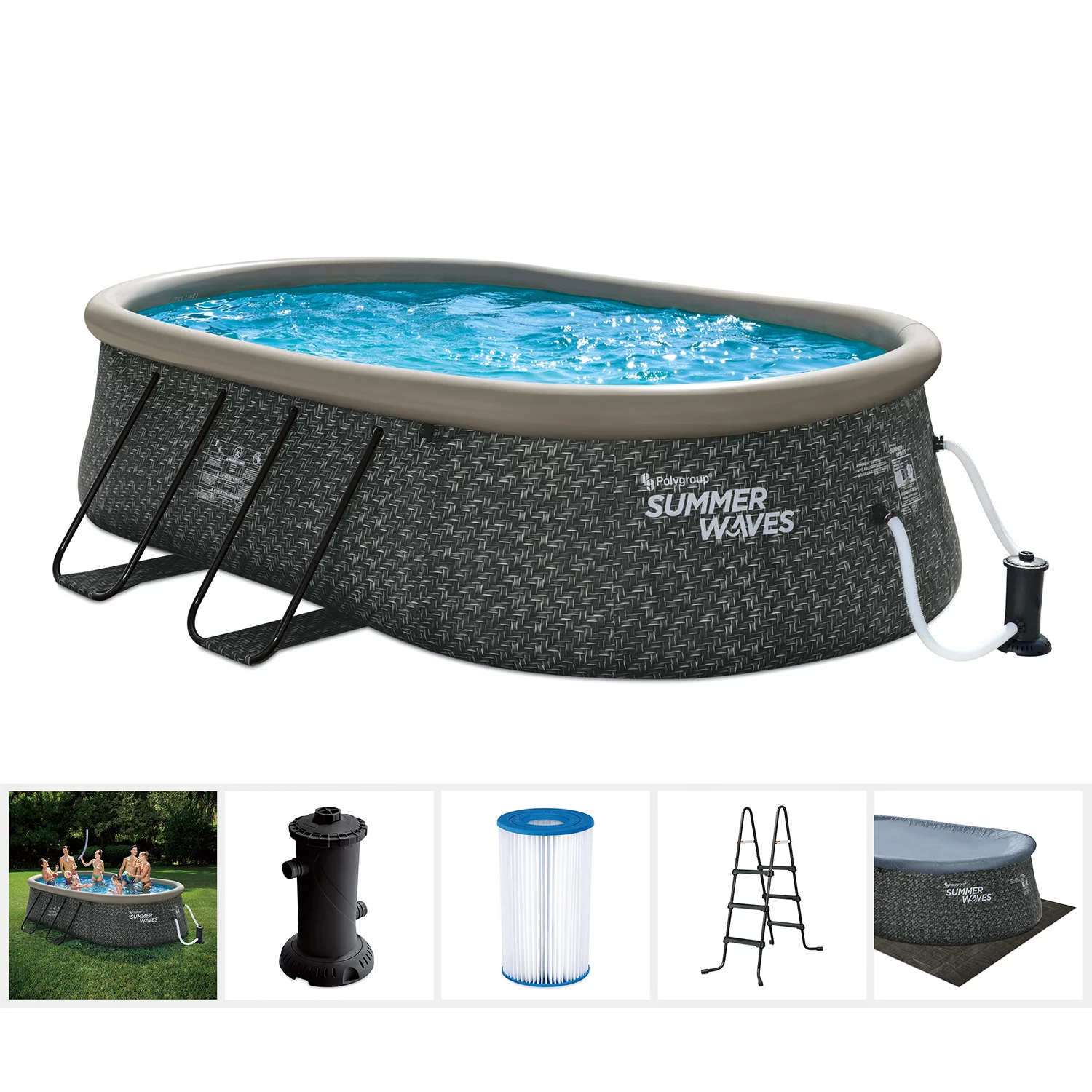 Summer Waves Quick Set 15 Ft Oval Above Ground Pool with Filter Pump. Dark Gray