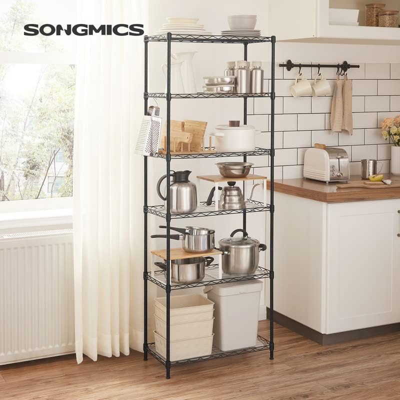 SONGMICS 6-Tier Metal Storage Shelves. Wire Shelving Unit. Adjustable Shelves. Garage Shelving. Kitchen. Living Room Storage Rack. Shelf Liners. 8 Hooks. Total Max. Load 264 lb. Black ULGR066B01