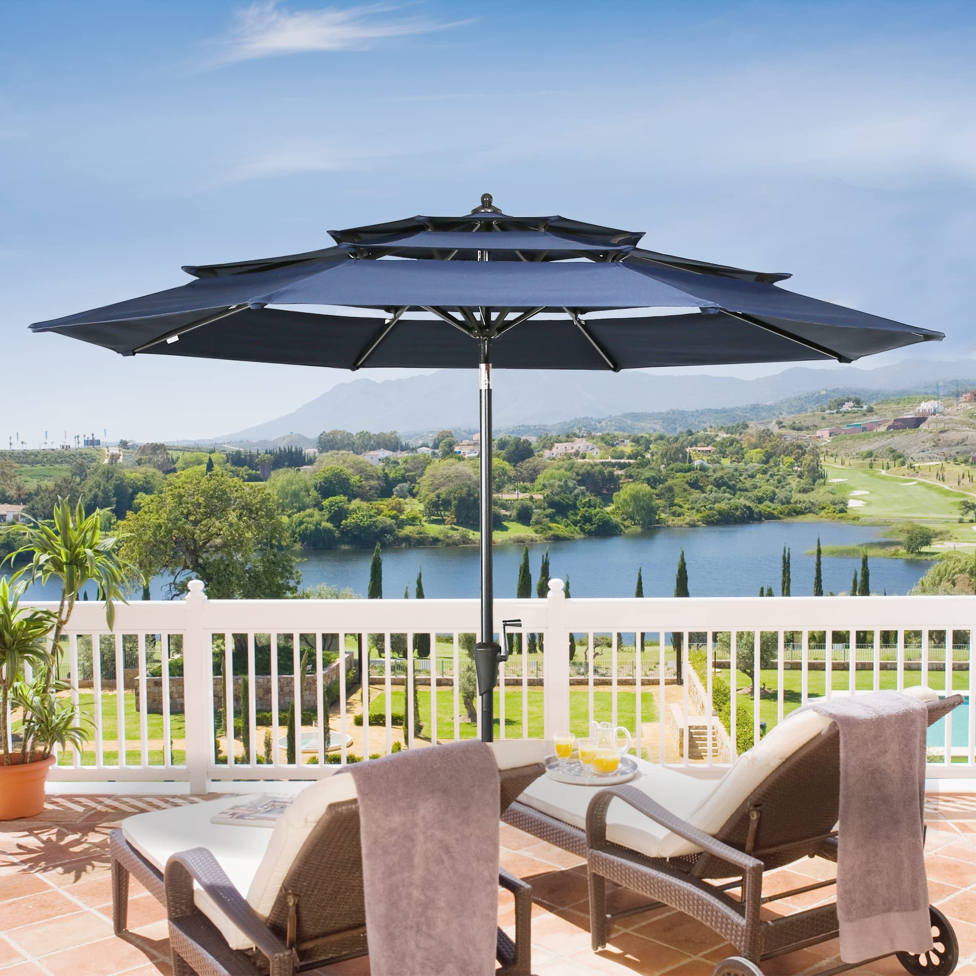 10ft Patio Umbrella Outdoor 3 Tier Vented Market Table Umbrella with 1.5″ Aluminum Pole and 8 Sturdy Ribs. (Dark Blue)
