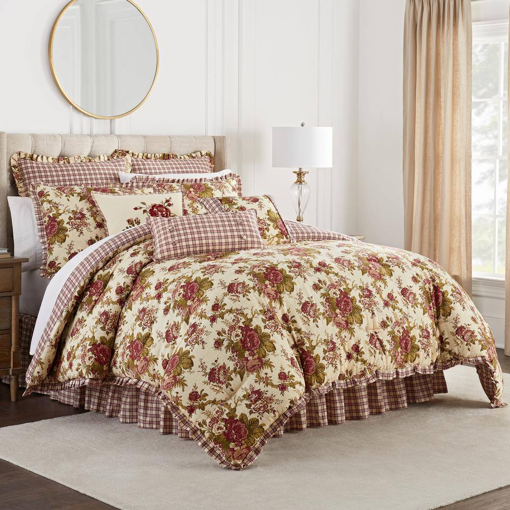 Waverly  Norfolk 4-Piece Red Floral Cotton King Comforter Set
