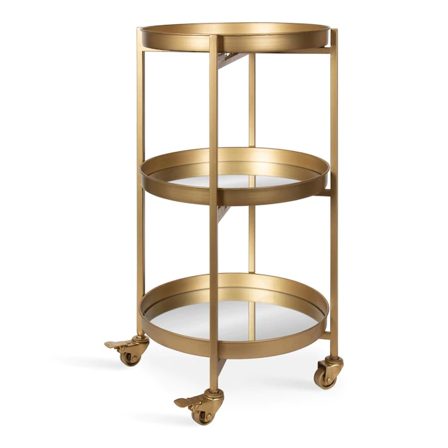 Kate and Laurel Celia Modern Glam 3-Tier Metal Bar Cart.13.75-in x 28-in. Gold. Decorative Round Serving Cart with Lockable Wheels