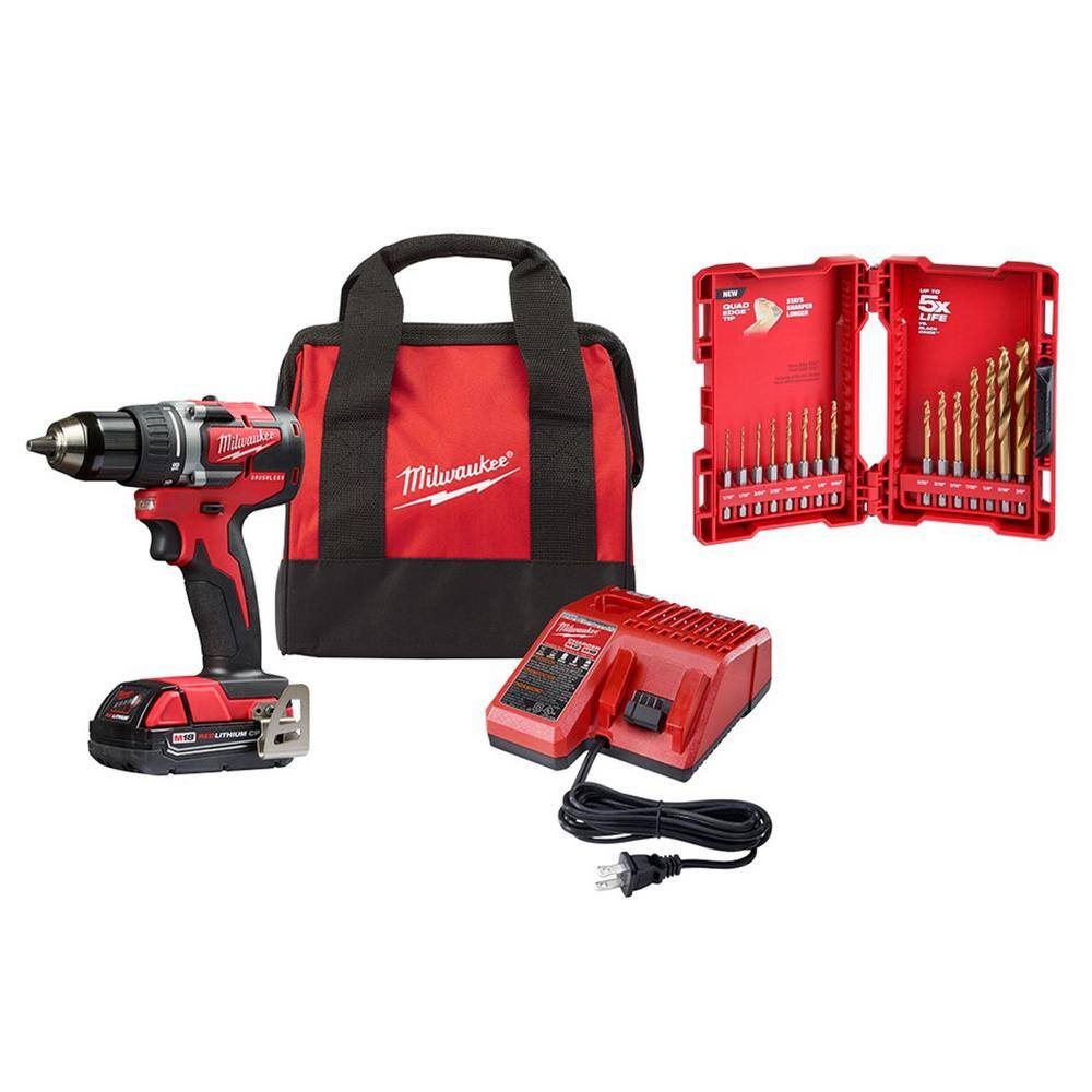 Milwaukee 2801-21P-48-89-4630 M18 18V Lithium-Ion Brushless Cordless 1/2 in. Compact Drill/Driver Kit with Titanium Drill Bit Set (15-Piece)