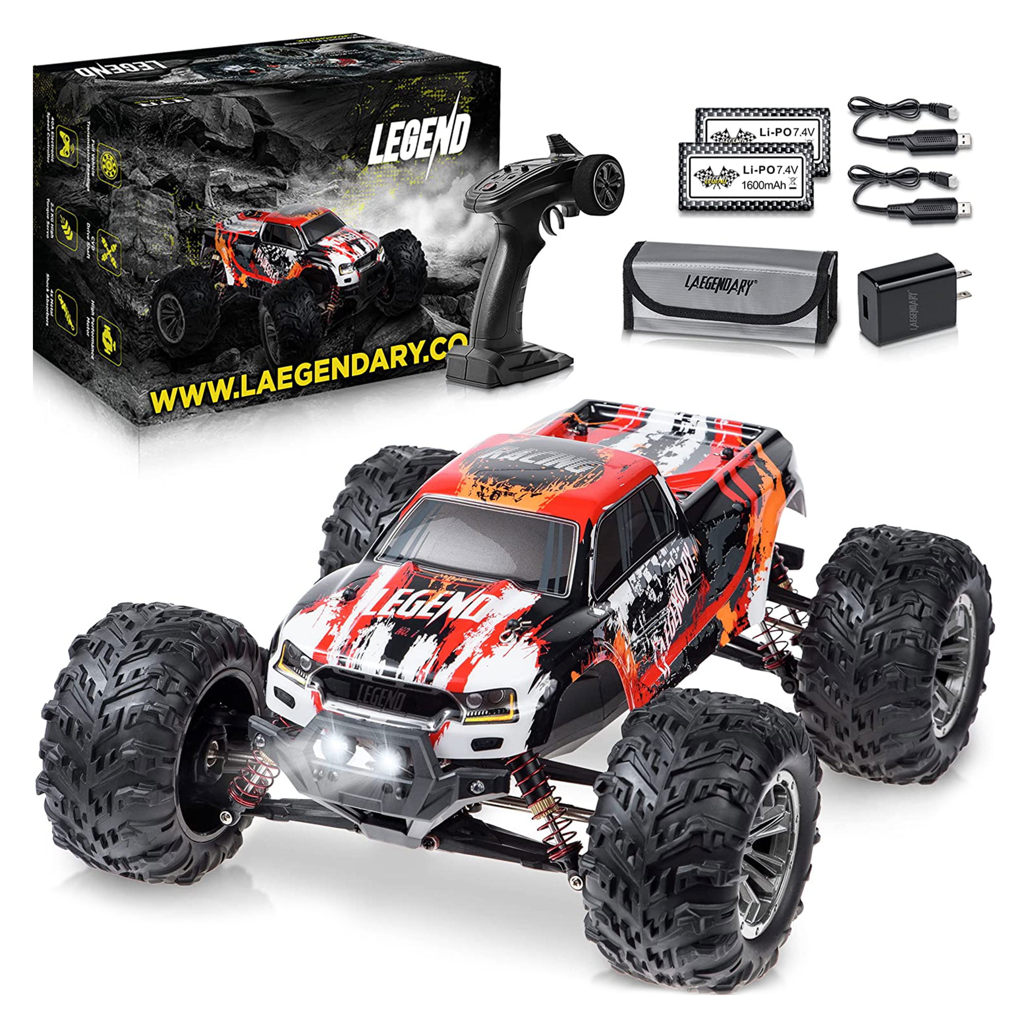 LAEGENDARY Legend 1:10 Scale RC Off-Road Car. Up to 31 MPH. Red/Yellow