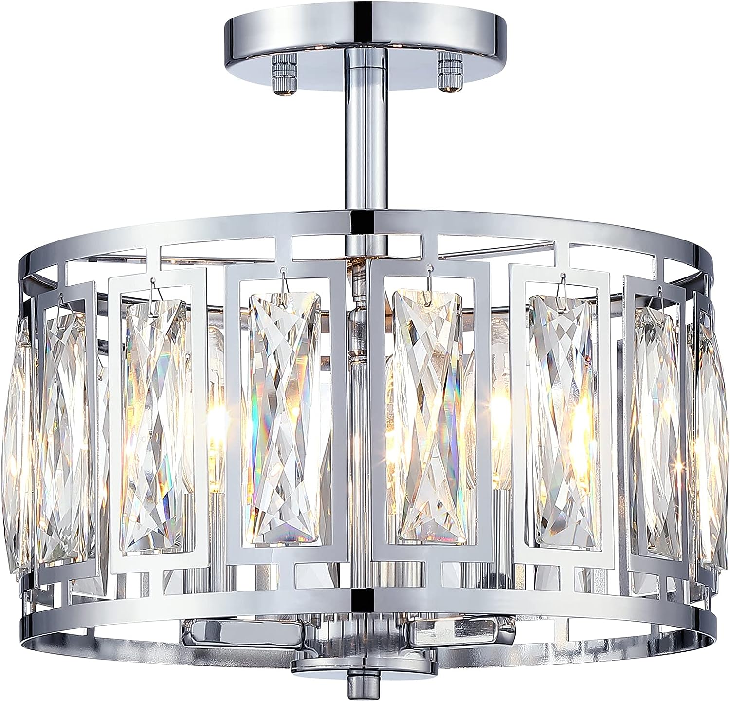 Giiland Modern Crystal Semi Flush Mount Ceiling Light Industrial Close to Ceiling Light Crystal Drum Shade Chandelier. 3-Light Chrome Ceiling Lamp for Dining Room Bedroom Kitchen Island Hallway Entryway