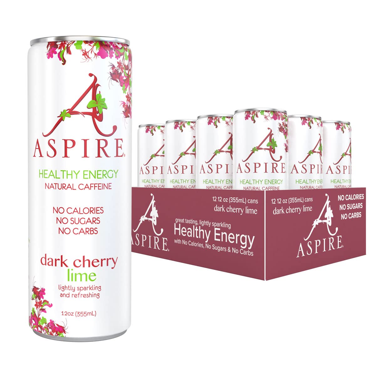 Aspire Healthy Energy Drink. Dark Cherry Lime (Pack of 12) 12 oz Cans. Natural Caffeine and Zero Sugar. Coffee Substitute. Vitamins B & C. Keto. Vegan. and Kosher Friendly