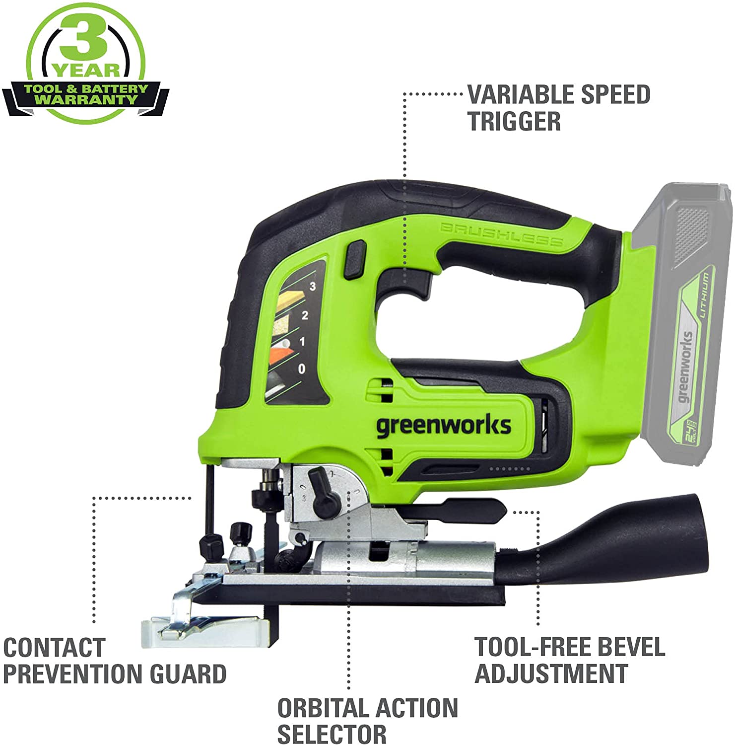 Greenworks 24V Brushless Jig Saw. Battery Not Included 3601202AZ