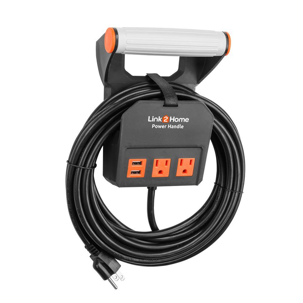 Link2Home EM-PH-2014E Power Handle Extension Cord. 20 ft. 14 AWG. 2-Outlets 15 Amp. 2 USB Ports (3.1 Amp). Cord Management