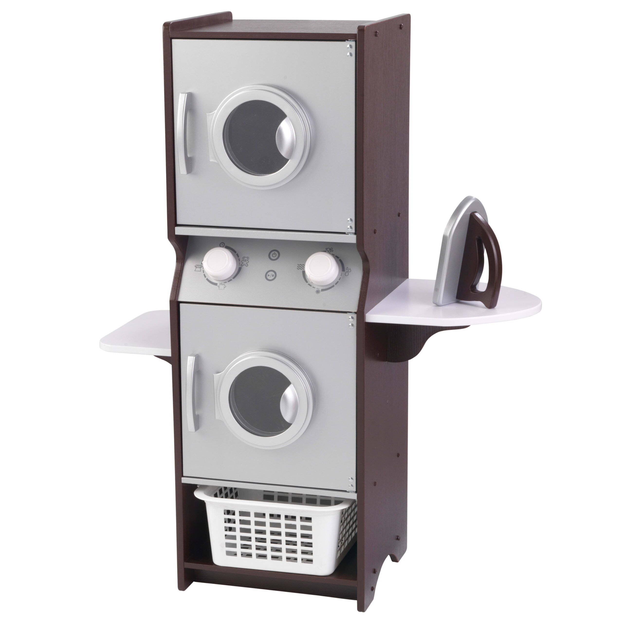 KidKraft Wooden Laundry Play Set. Stacking Washer and Dryer with Iron and Basket. Espresso