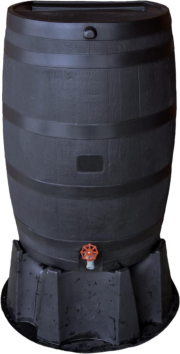 RTS Home Accents Polyethylene 50 Gallon Flat Back Eco Rain Barrel with Stand. Black Color