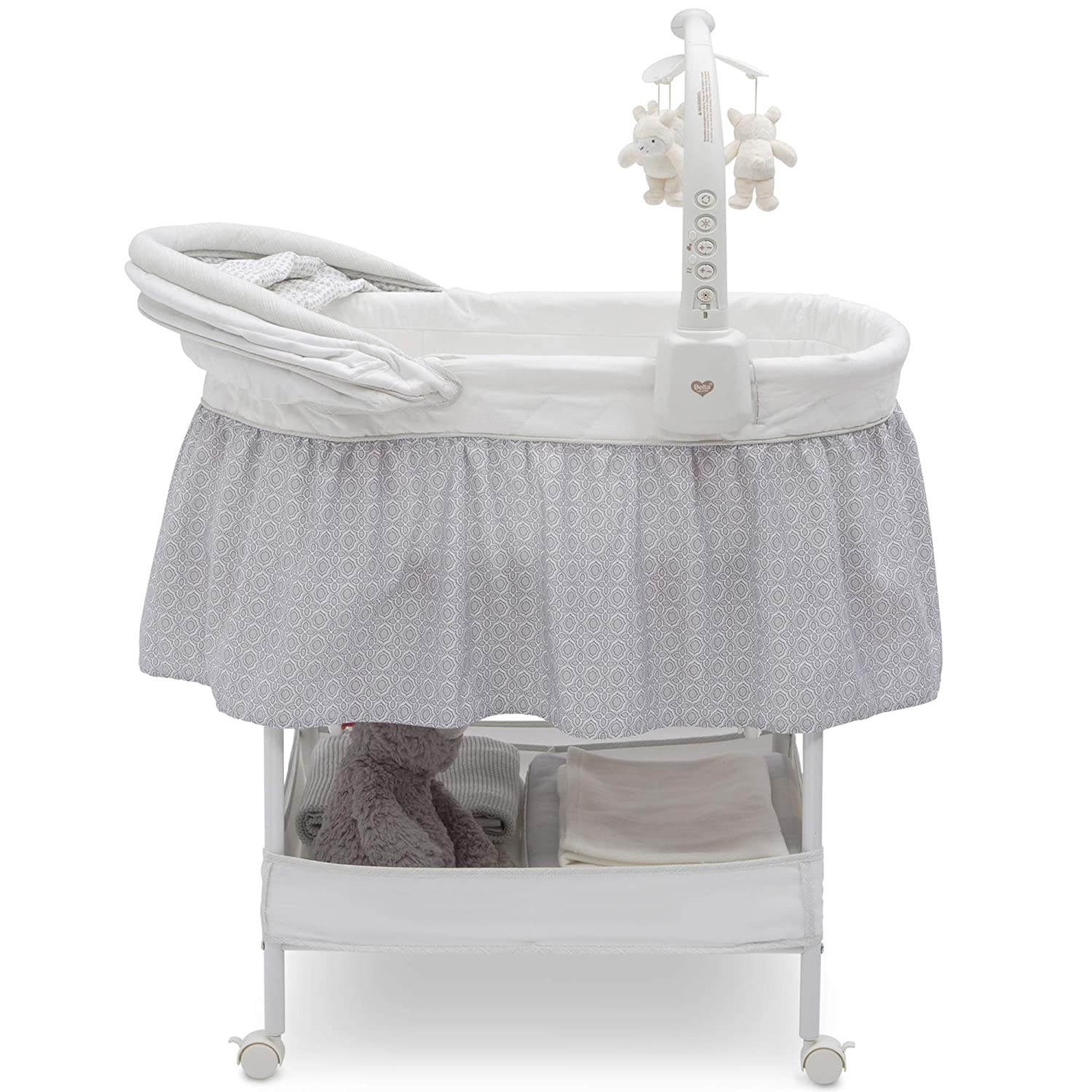Delta Children Smooth Glide Bedside Bassinet - Portable Crib with Activity Mobile Arm Featuring Spinning Toys. Nightlight and Music. Silver Linings