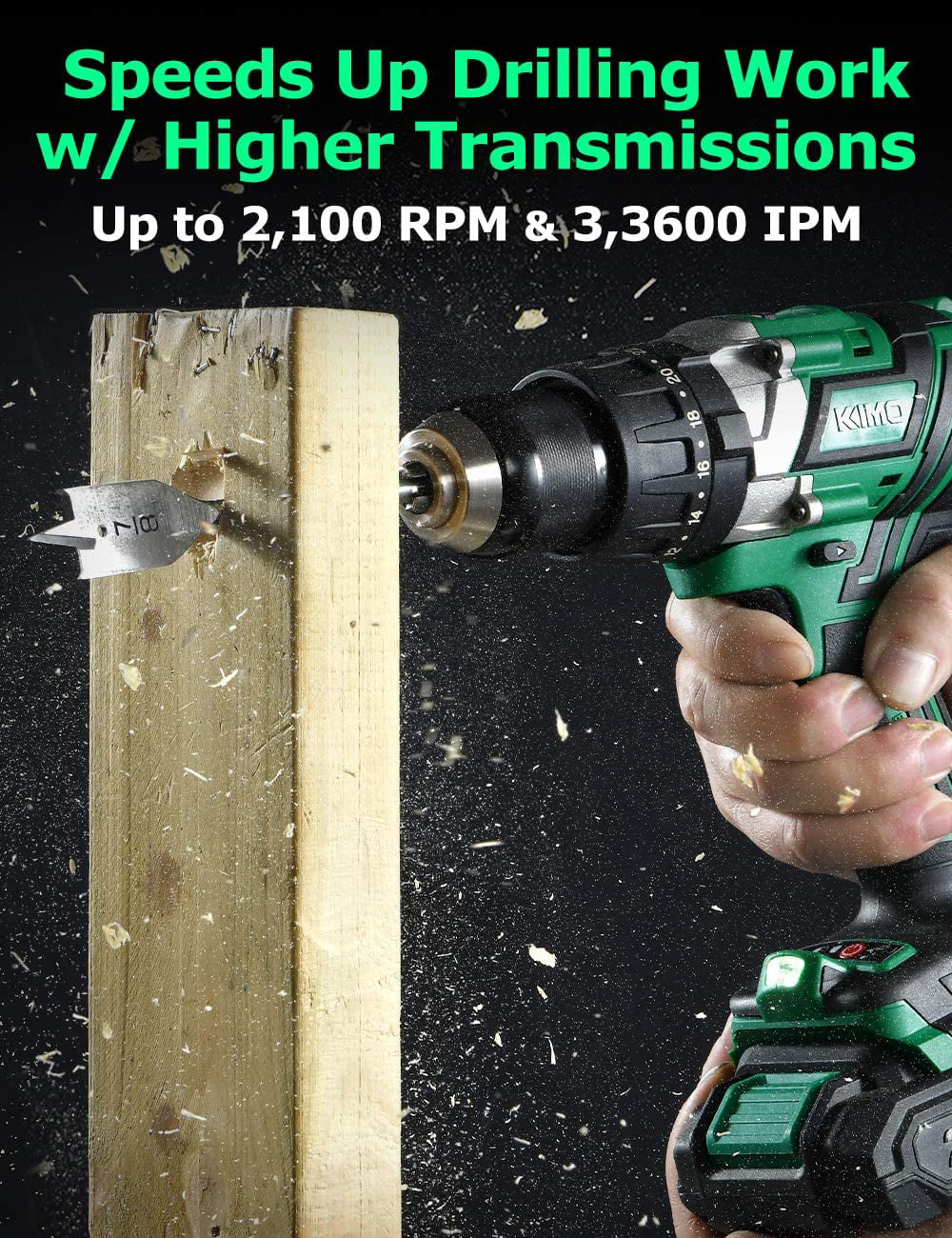 KIMO 20V Cordless Power Drill - 15PCS. 1/2″ Brushless Electric Drill Driver Set W/2.0Ah Battery
