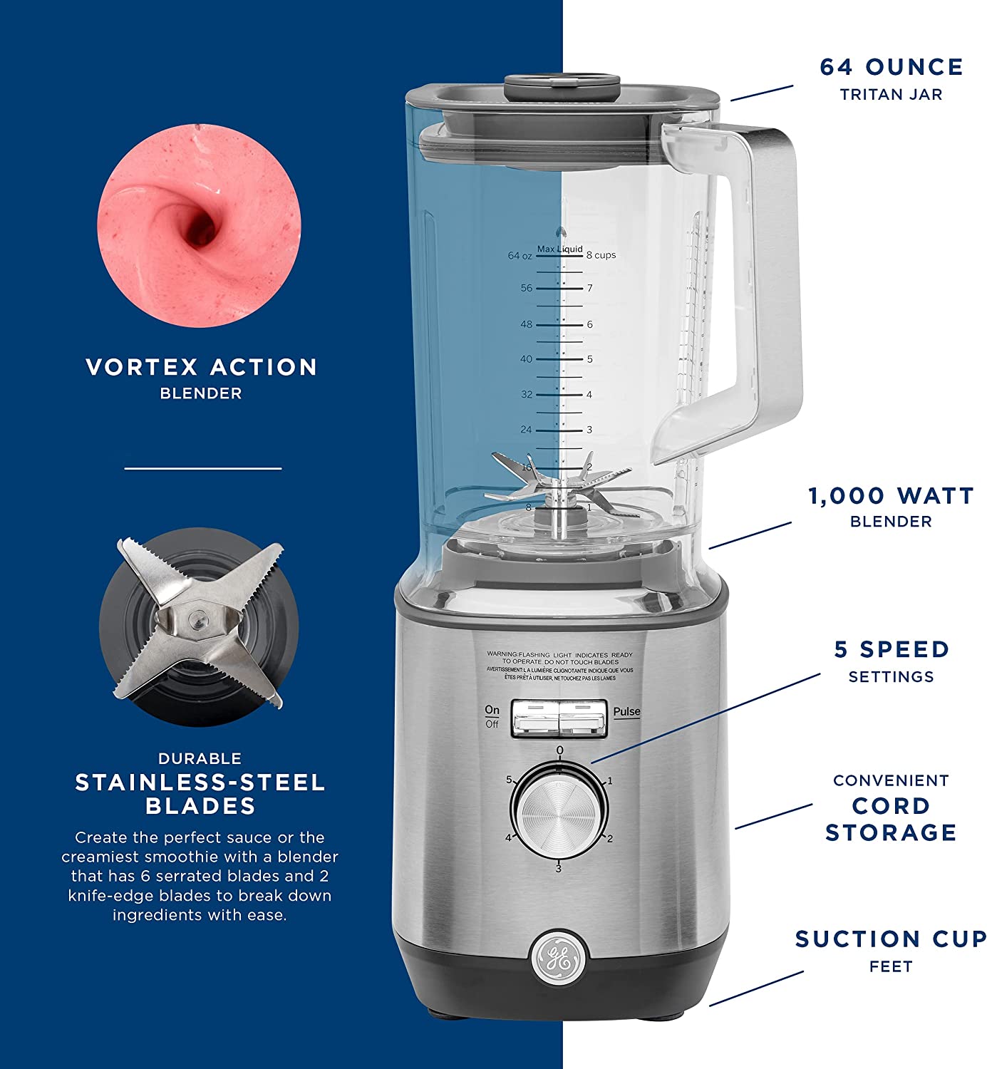 GE  64-oz Stainless Steel 1000-Watt Pulse Control Blender