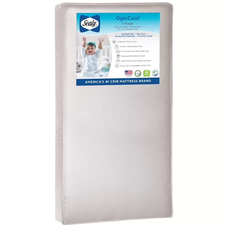 Sealy Baby OptiCool 2-Stage Dual Firmness Waterproof Standard Toddler & Baby Crib Mattress - Lightweight Soybean Cool Gel Memory Foam. 51.7 x 27.3″ EM822-GTS1