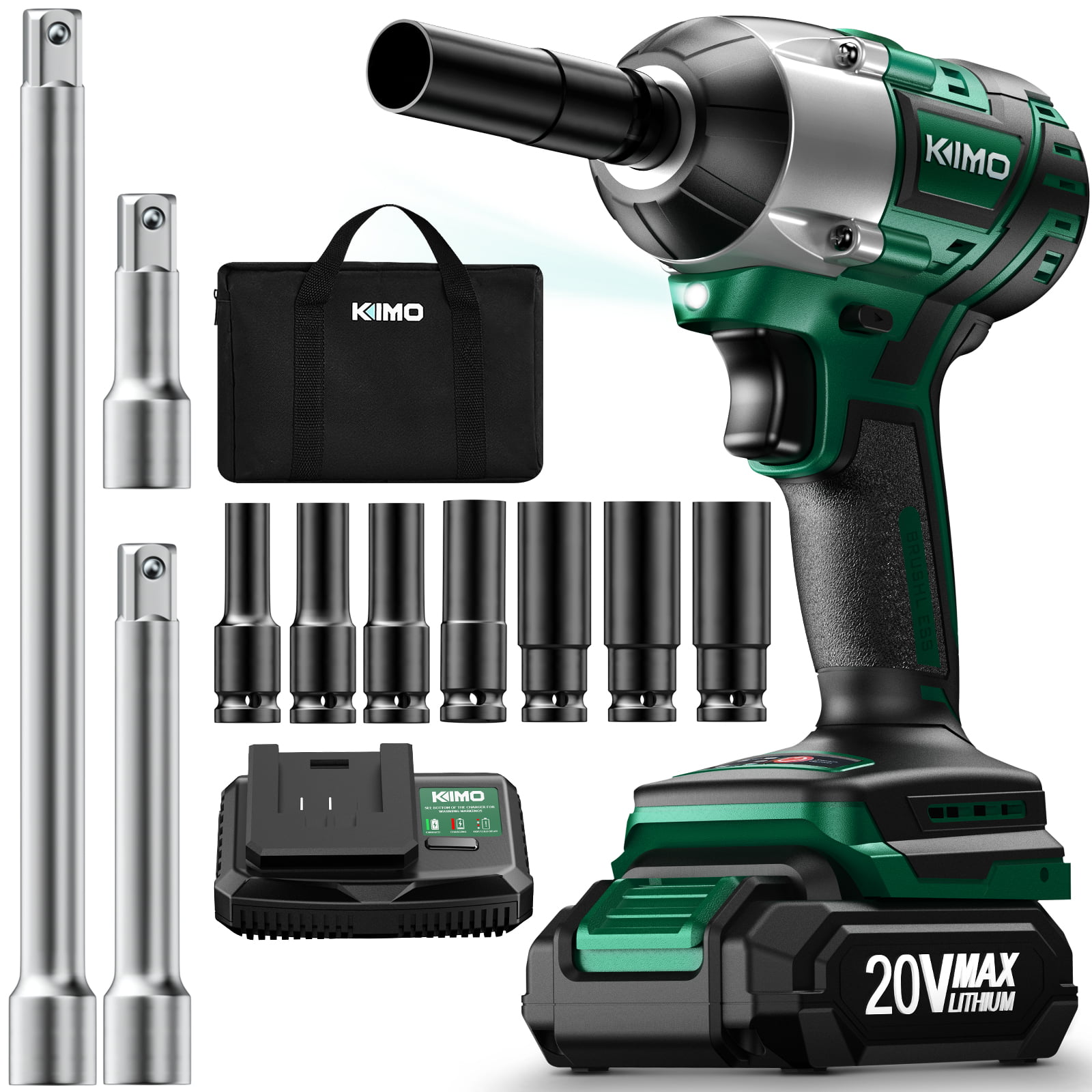 KIMO Cordless Impact Wrenches 1/2 ” Impact Drill Driver Kit 350N.m Brushless High Torque Wrench Set