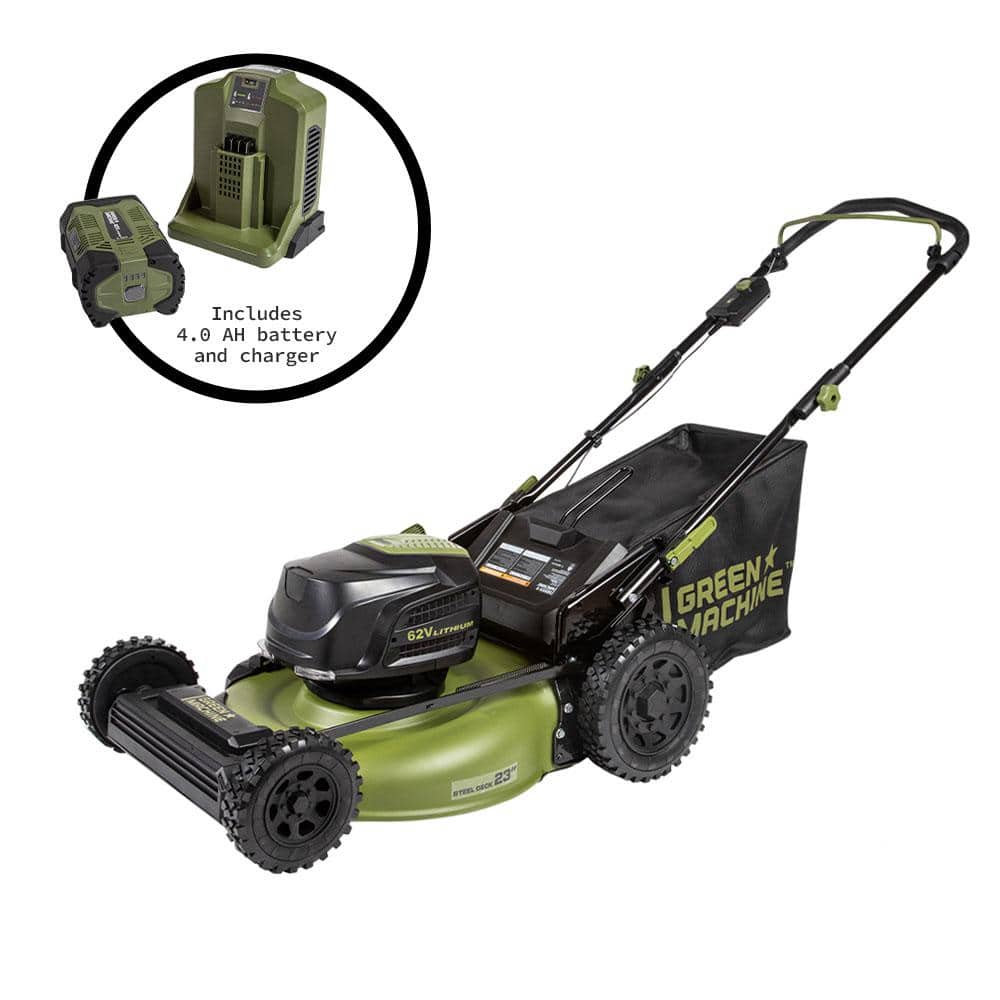 Green Machine GMPM6200 62V Cordless 3-in-1 High Wheel Push Walk Behind Mower. Brushless 22 In. Cutting Width with 4Ah Battery and Rapid Charger