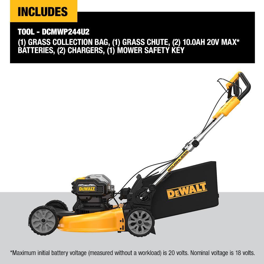 DEWALT DCMWSP244U2 20V MAX 21.5 in. Battery Powered Walk Behind Self Propelled Lawn Mower with (2) 10Ah Batteries & Charger