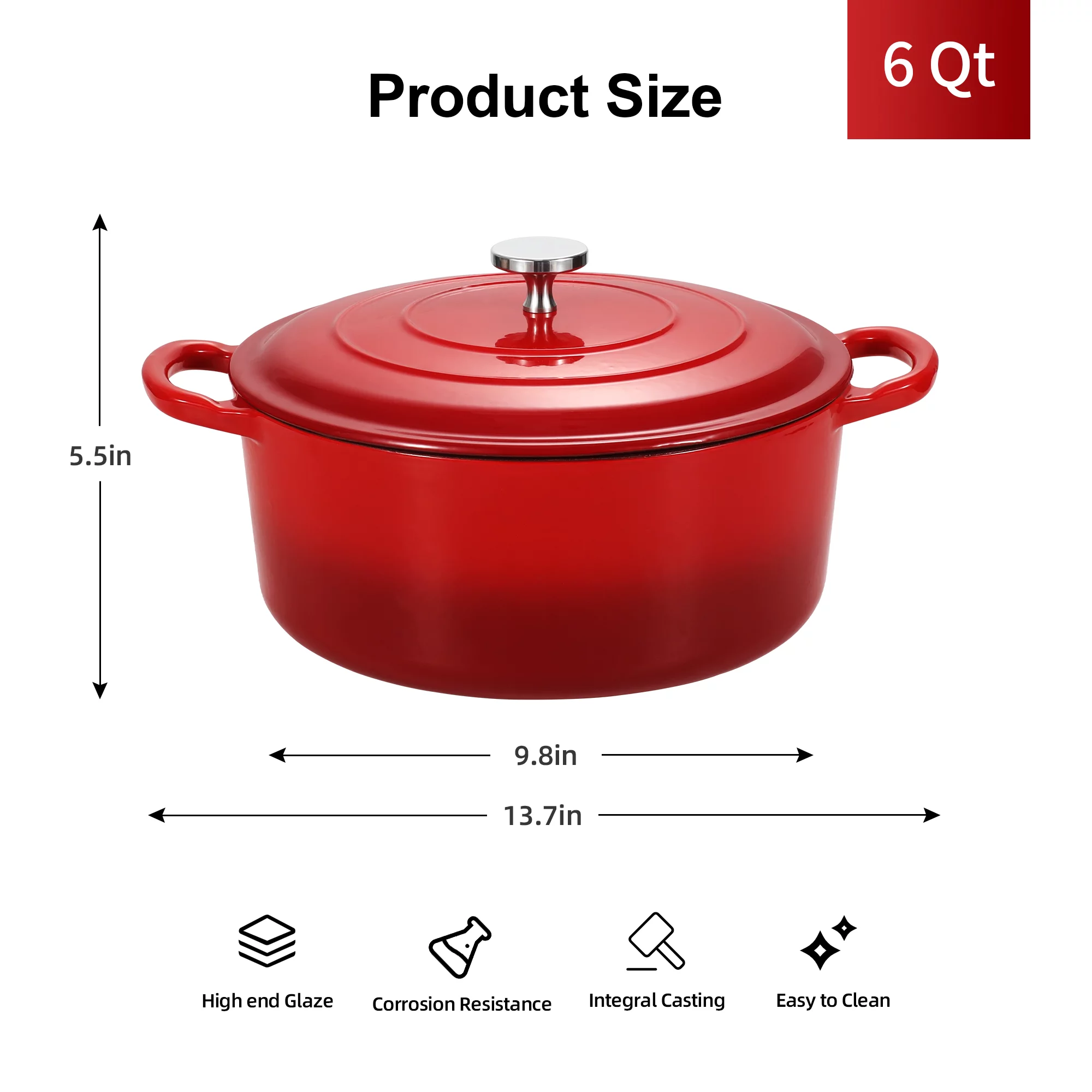Scafild | 6-Quart Round Enamelled Cast Iron Dutch Oven - Red
