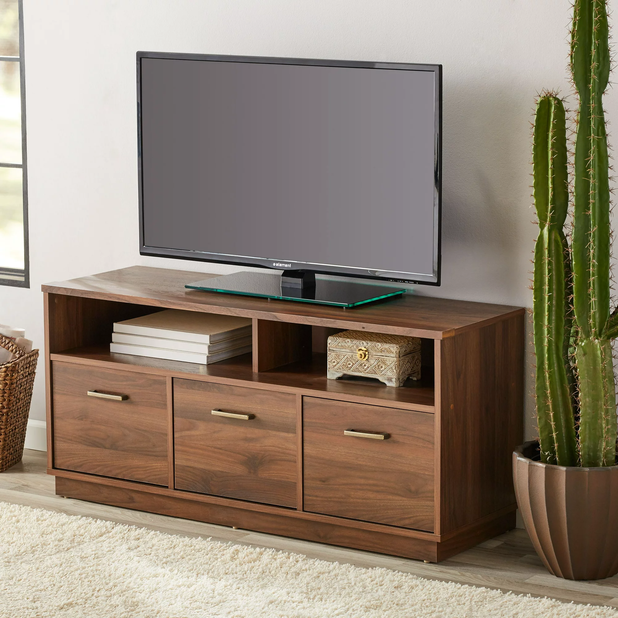Mainstays 3 Door TV Stand Console. for TVs up to 50″. Canyon Walnut Finish