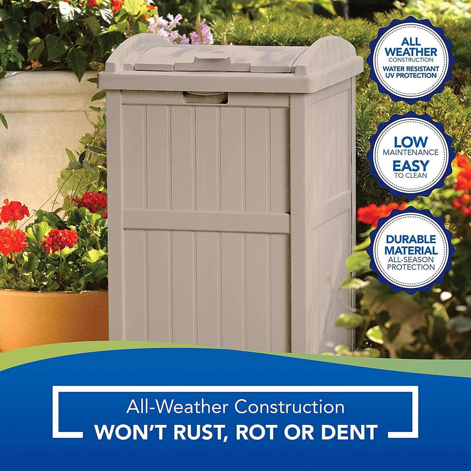 Suncast 33 Gallon Hideaway Trash Can for Patio - Resin Outdoor Trash with Lid - Use in Backyard. Deck. or Patio - Taupe