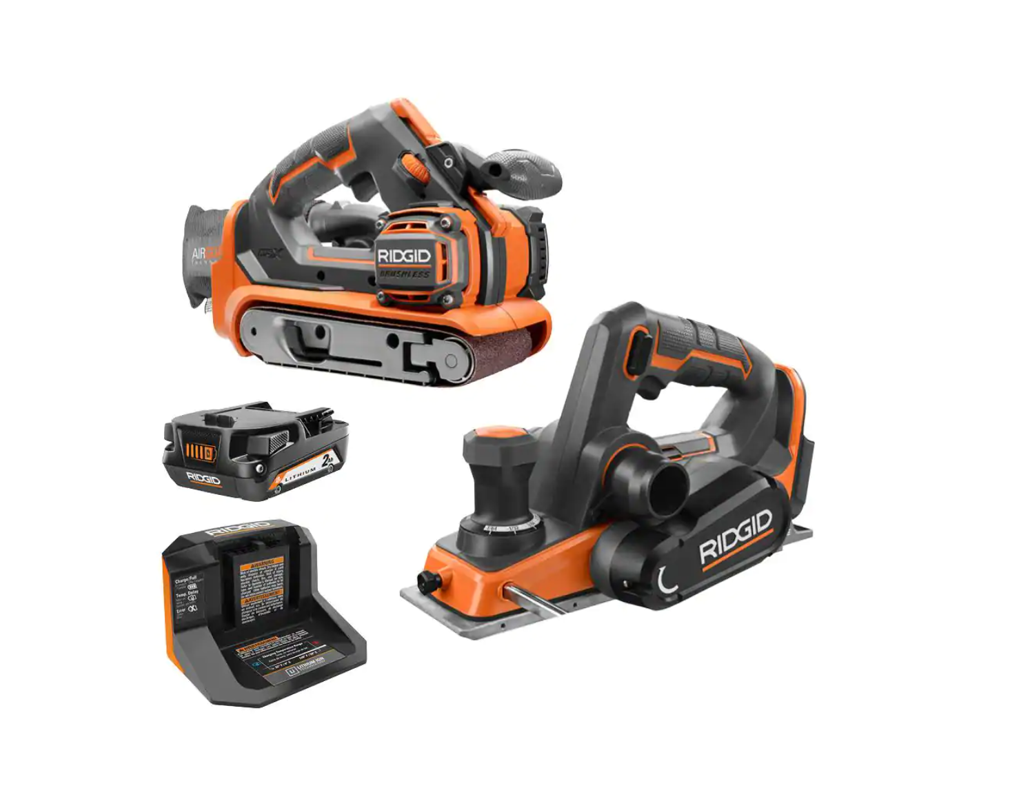 RIDGID R86065KSBN-R8481B 18V Brushless Cordless 3 in. x 18 in. Belt Sander Kit w/ 2.0 Ah Battery & Charger w/ 3-1/4 in. Hand Planer with Dust Bag