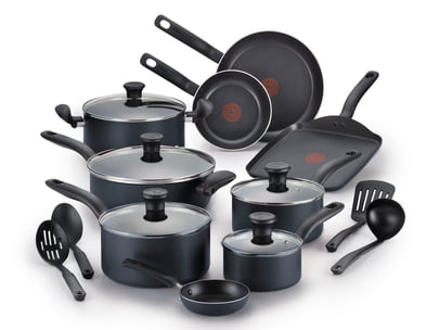 T-Fal Initiatives 18 Piece Non-stick Dishwasher Safe Cookware Set. Gray