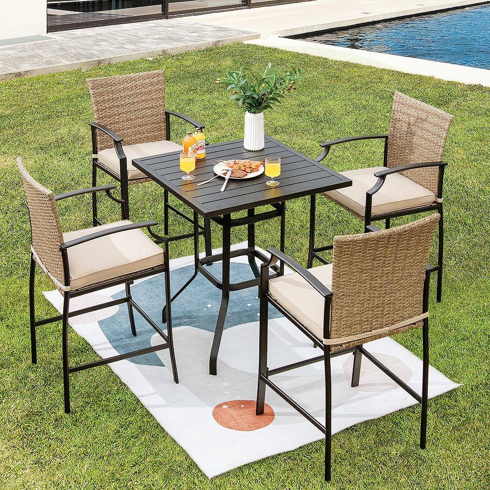 Costway  5-Piece Wicker Square 37 in. Outdoor Bistro Set Rattan Bar Stool Table Set with Beige Cushions