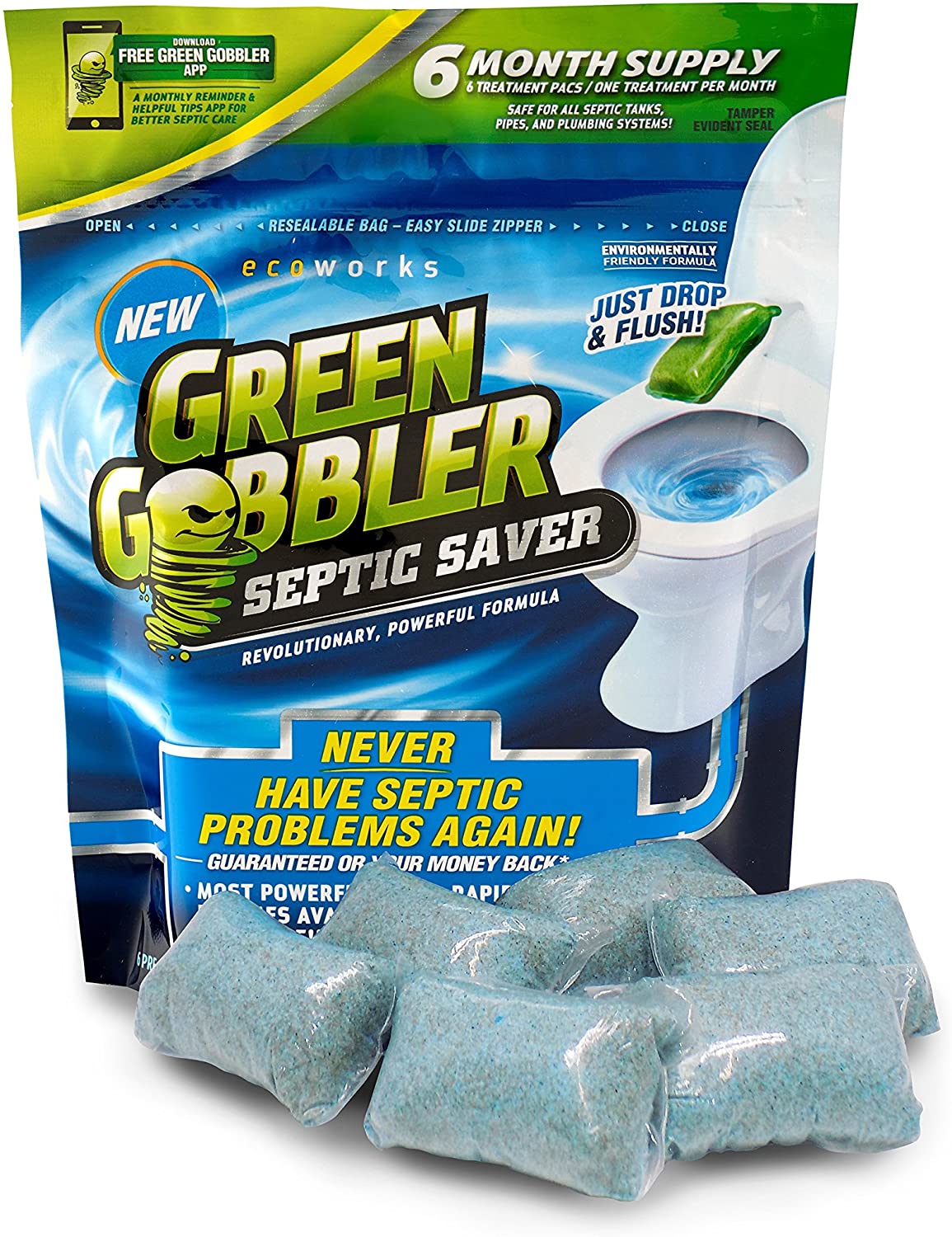 Green Gobbler Septic Saver Bacteria Enzyme Pacs. 2 Year Septic Tank Supply
