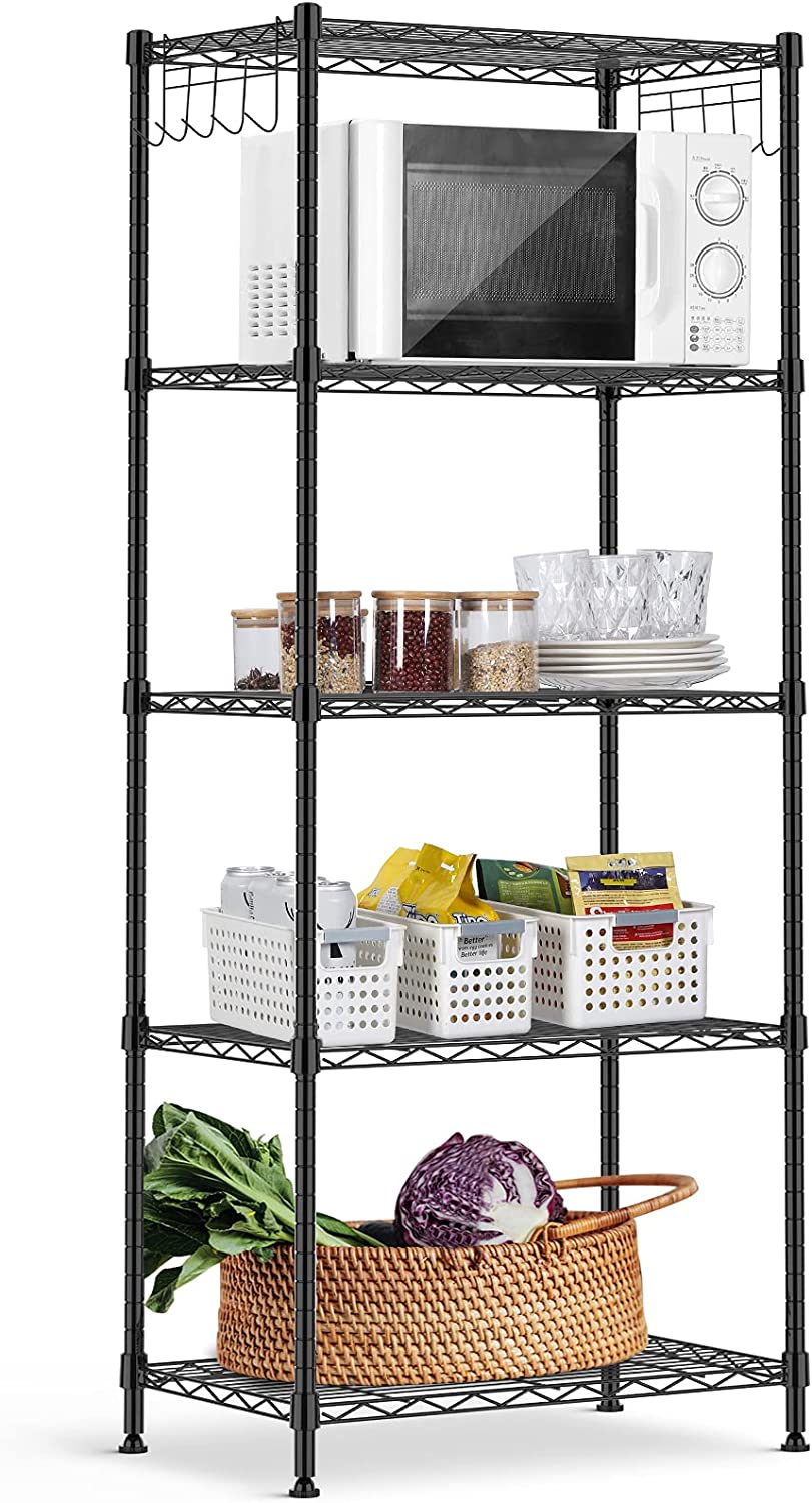 ALVOROG 5-Shelf Shelving Storage Unit Heavy Duty Metal Organizer Wire Rack with Leveling Feet and Hooks Adjustable Shelves for Bathroom Kitchen Garage (23.2Lx13.4Wx59.1H)