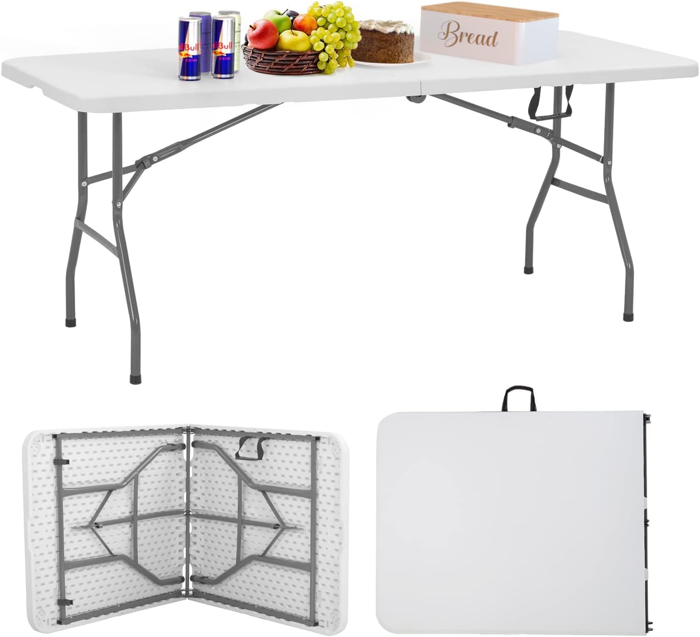 FDW Folding Tables. Plastic 6ft Folding Table.Half Portable Foldable Table for Parties. Backyard Events.White