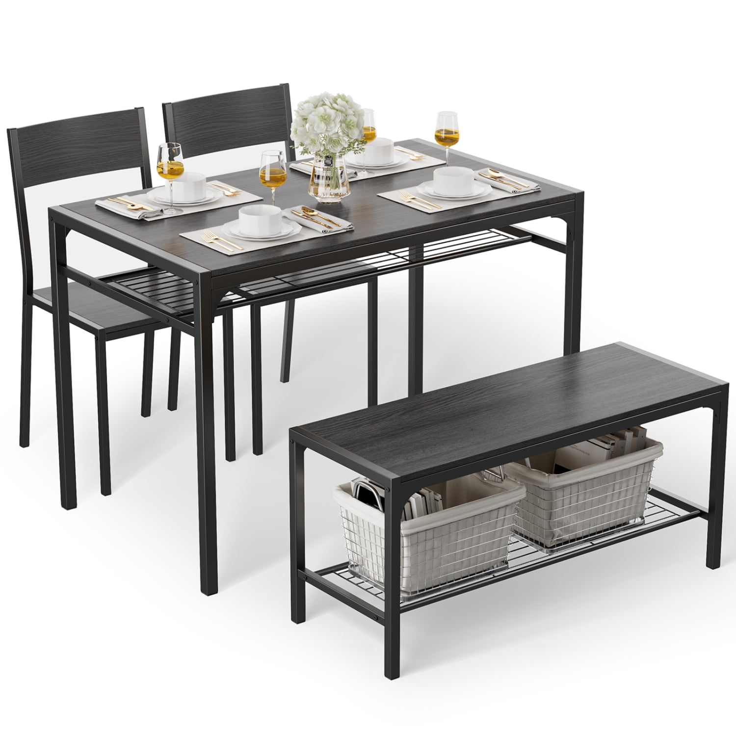 Aiho 4 Piece Kitchen Table with 2 Chairs and Bench for Dining Room. Black