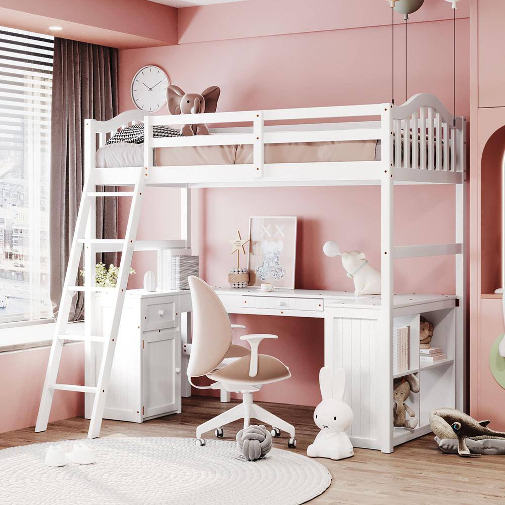 Harper & Bright Designs  White Twin Size Wooden Loft Bed with Drawers. Cabinet. Shelves and Desk