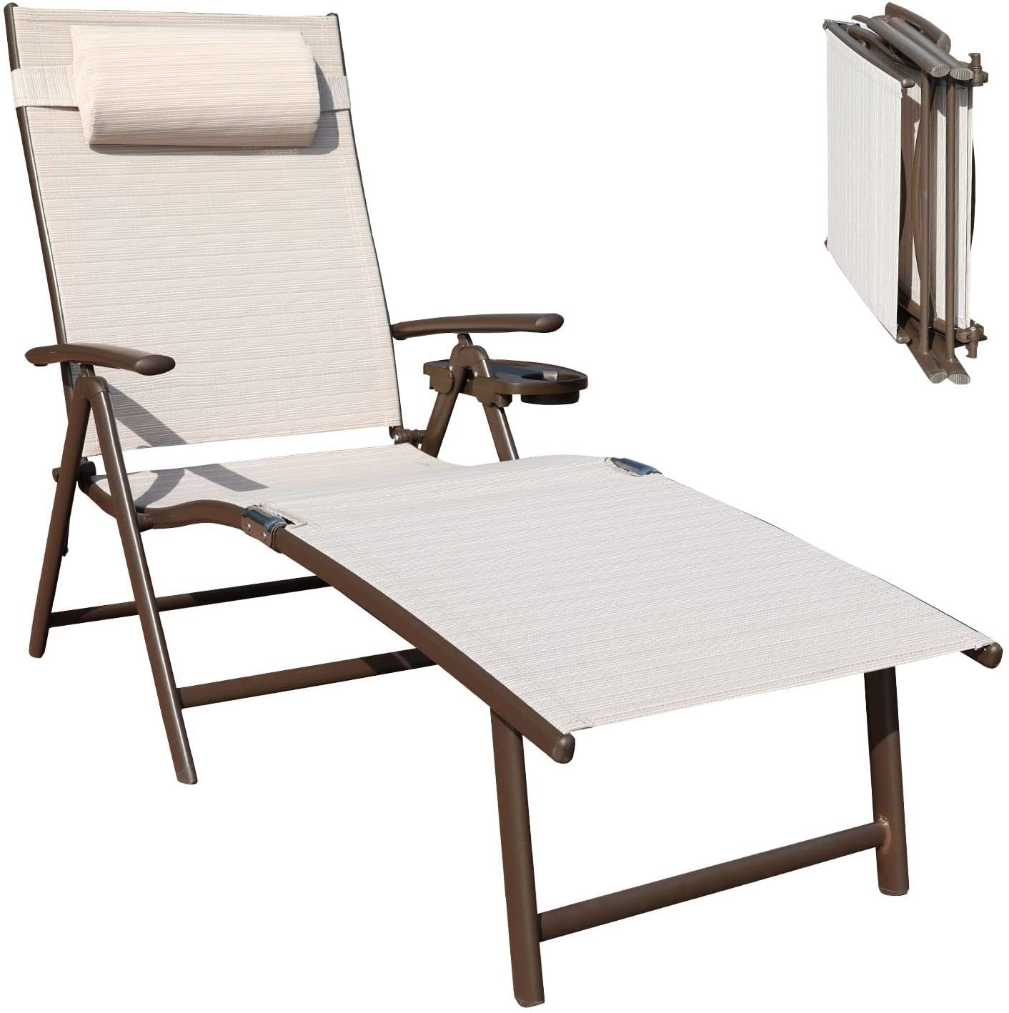 GOLDSUN Aluminum Outdoor Folding Reclining Adjustable Chaise Lounge Chair with Headrest and Tray for Backyard Beach Porch Patio Swimming Poolside (Single. Beige)