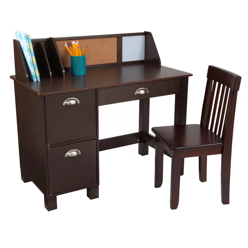 KidKraft Wooden Study Desk with Chair - Espresso. Drawers. Extra Storage. Handles. Bulletin Board. Sturdy. Solid. Kid-Sized Study. Gift for Ages 5-10