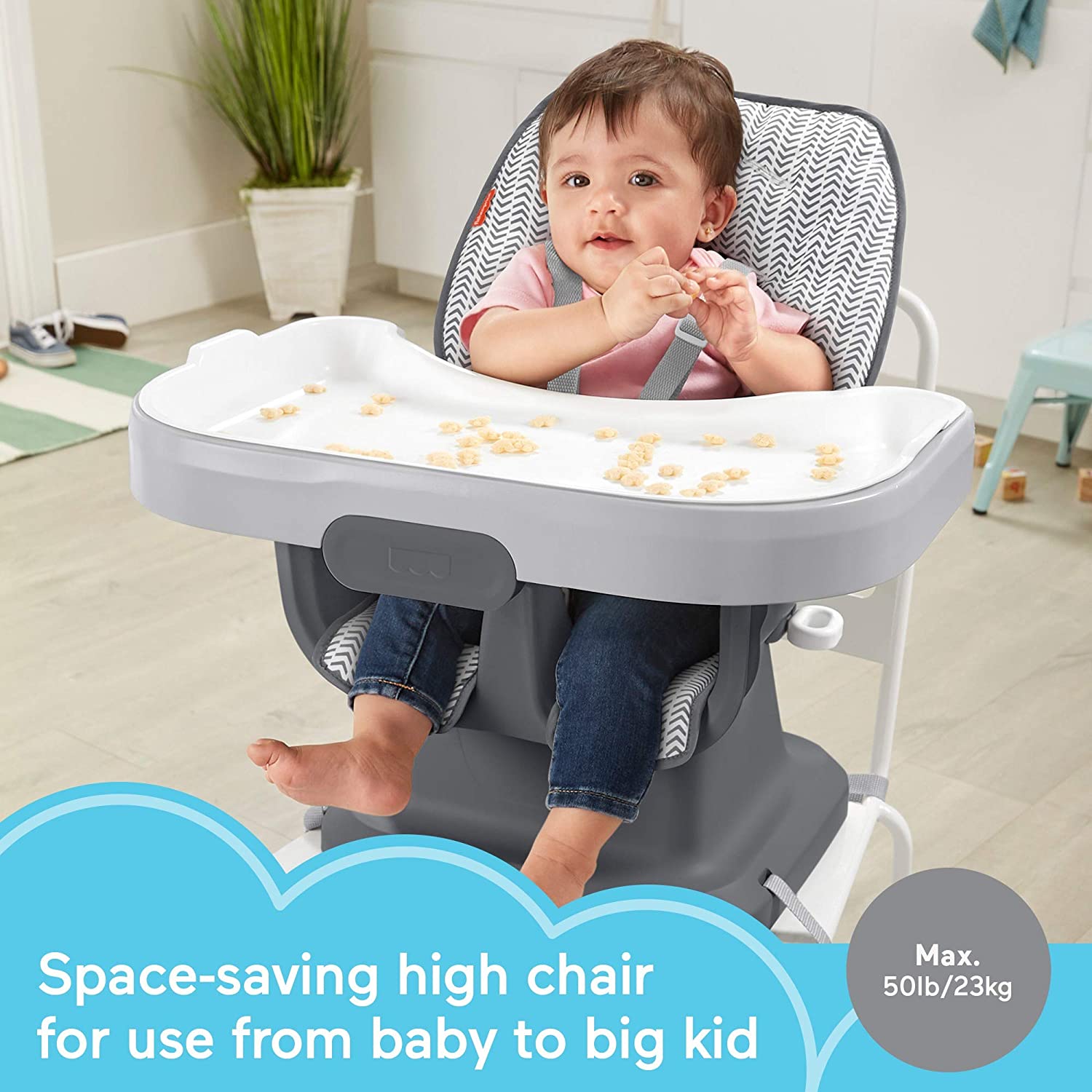 Fisher-Price Spacesaver Simple Clean High Chair Baby To Toddler Portable Dining Seat With Removable Tray Liner. Pencil Strokes. Arrow Tire Tracks