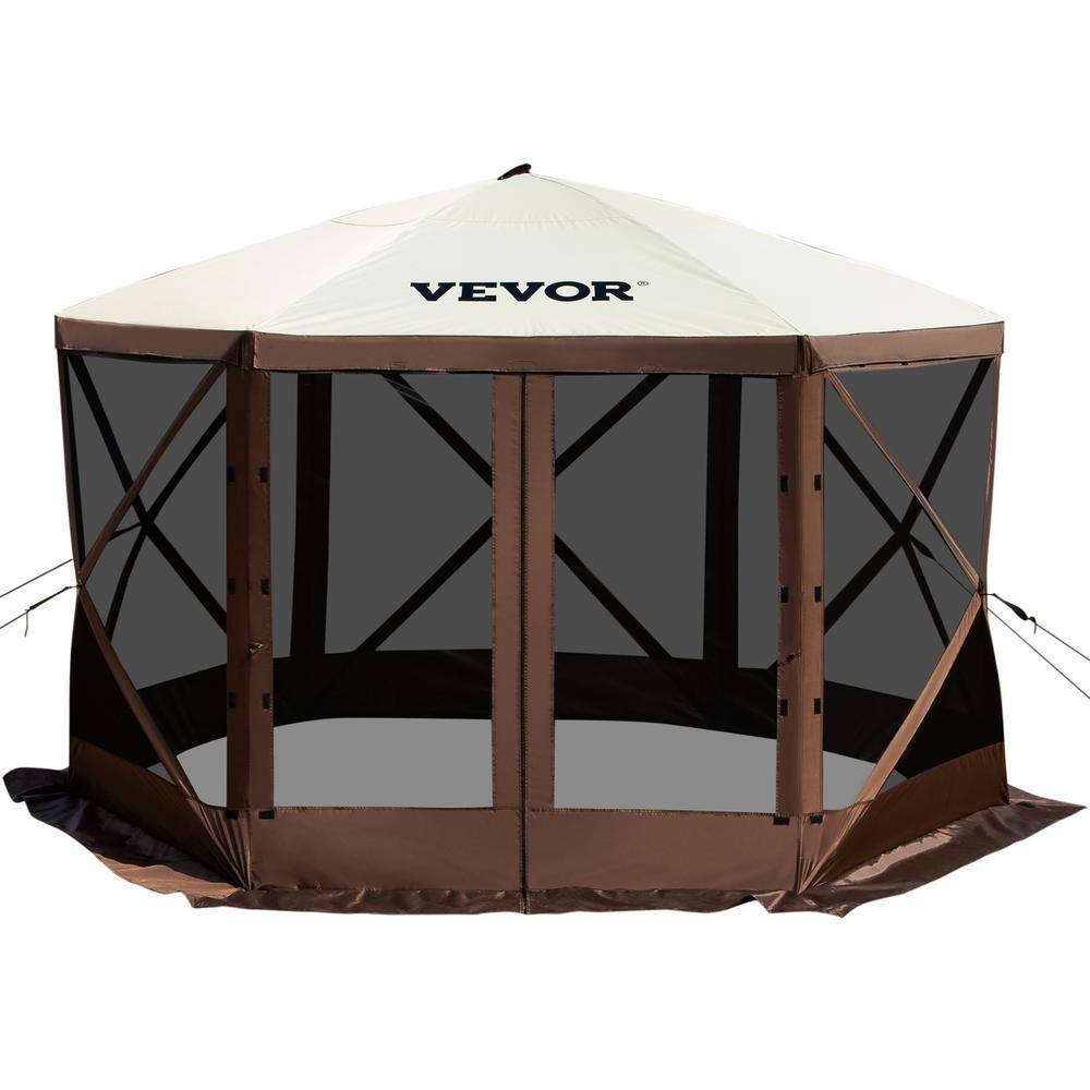 VEVOR MZY610FT10FT67P5KV0 Camping Gazebo Tent 10 ft. x 10 ft. 6 Sided Pop-Up Canopy Screen Tent for 8-Person with Storage Bag. Brown and Beige