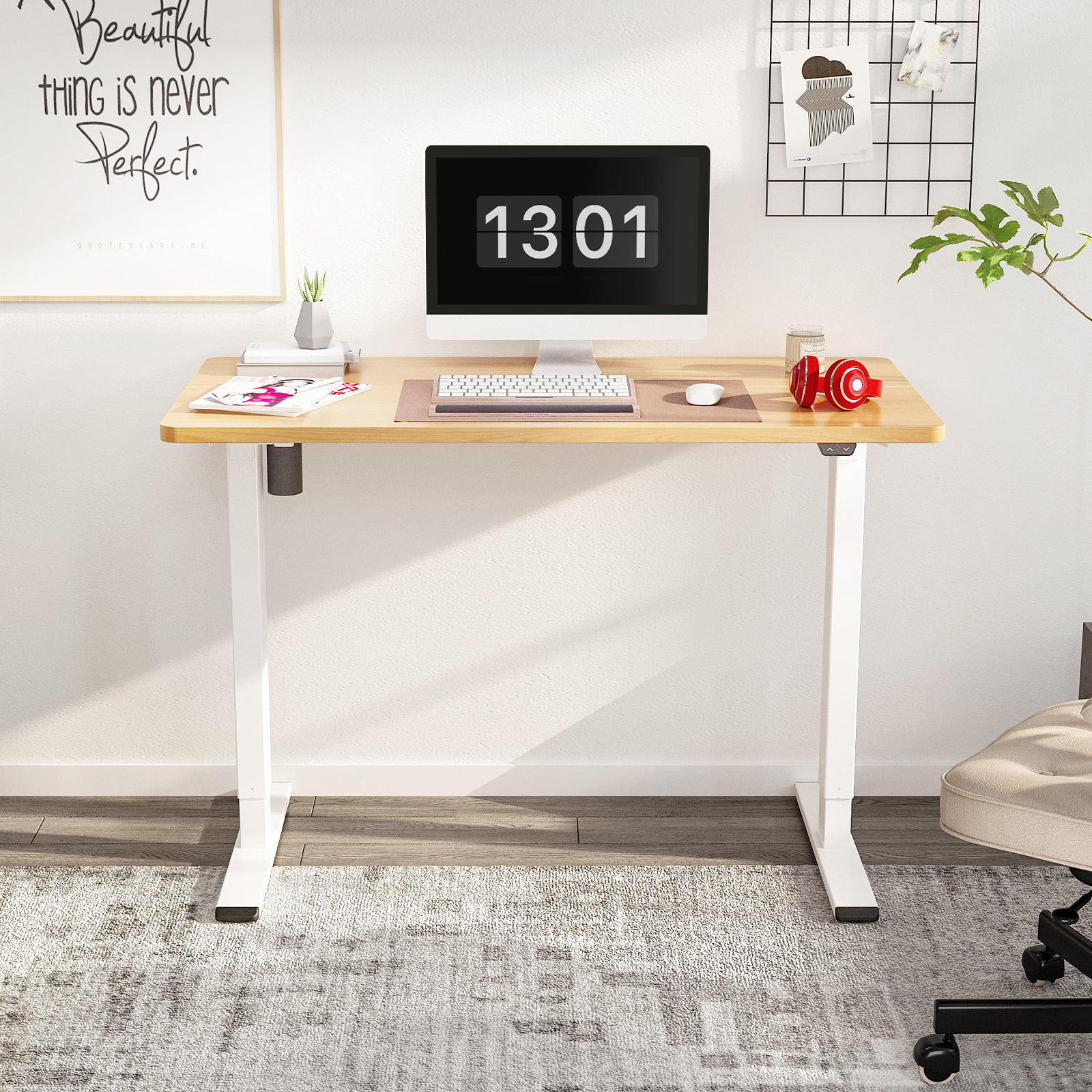FlexiSpot Home Office Electric Height Adjustable Standing Desk 48″ x 30″ Computer Desk White Frame and Maple Top