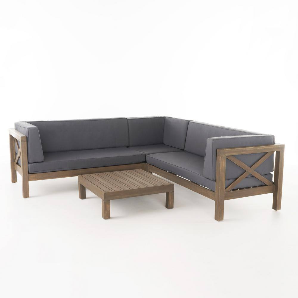 Noble House  Brava gray 4-Piece Wood Outdoor Sectional Set with Dark gray Cushions