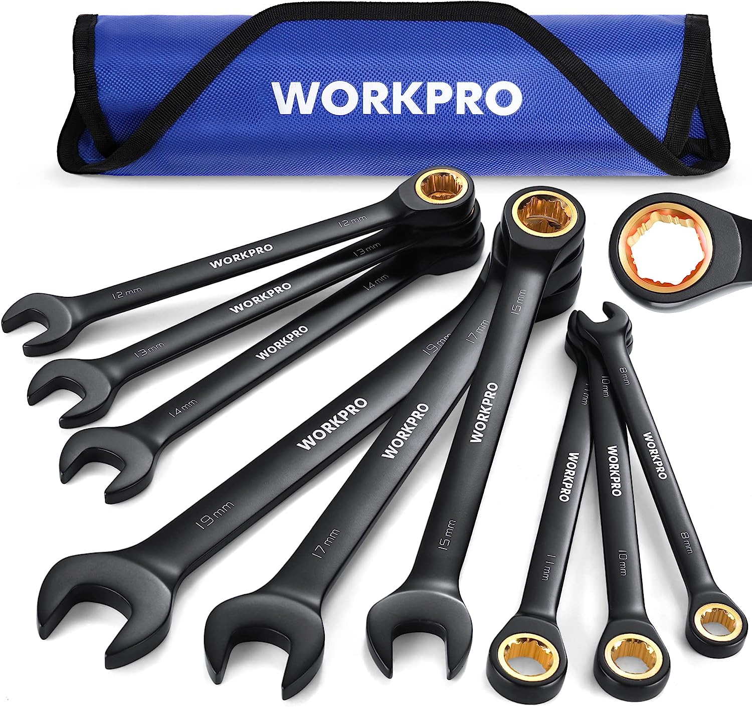 WORKPRO 9-Piece Anti-Slip Ratcheting Combination Wrench Set. Metric 8-19 mm. 72-Teeth. Cr-V Constructed. Black Ratchet Wrenches Set with Roll Up Pouch