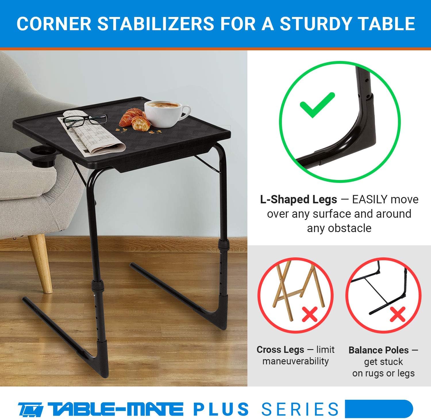 Table-Mate II Plus - Adjustable Folding TV Tray with Cup Holder. Black
