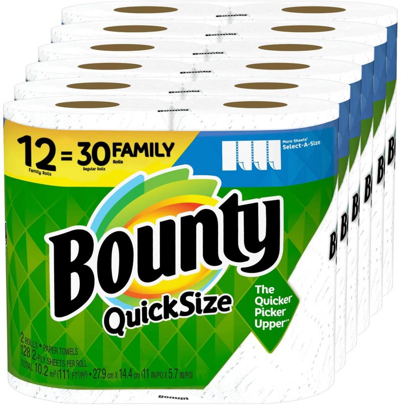 Bounty Quick-Size Paper Towels. 12 Family Rolls = 30 Regular Rolls