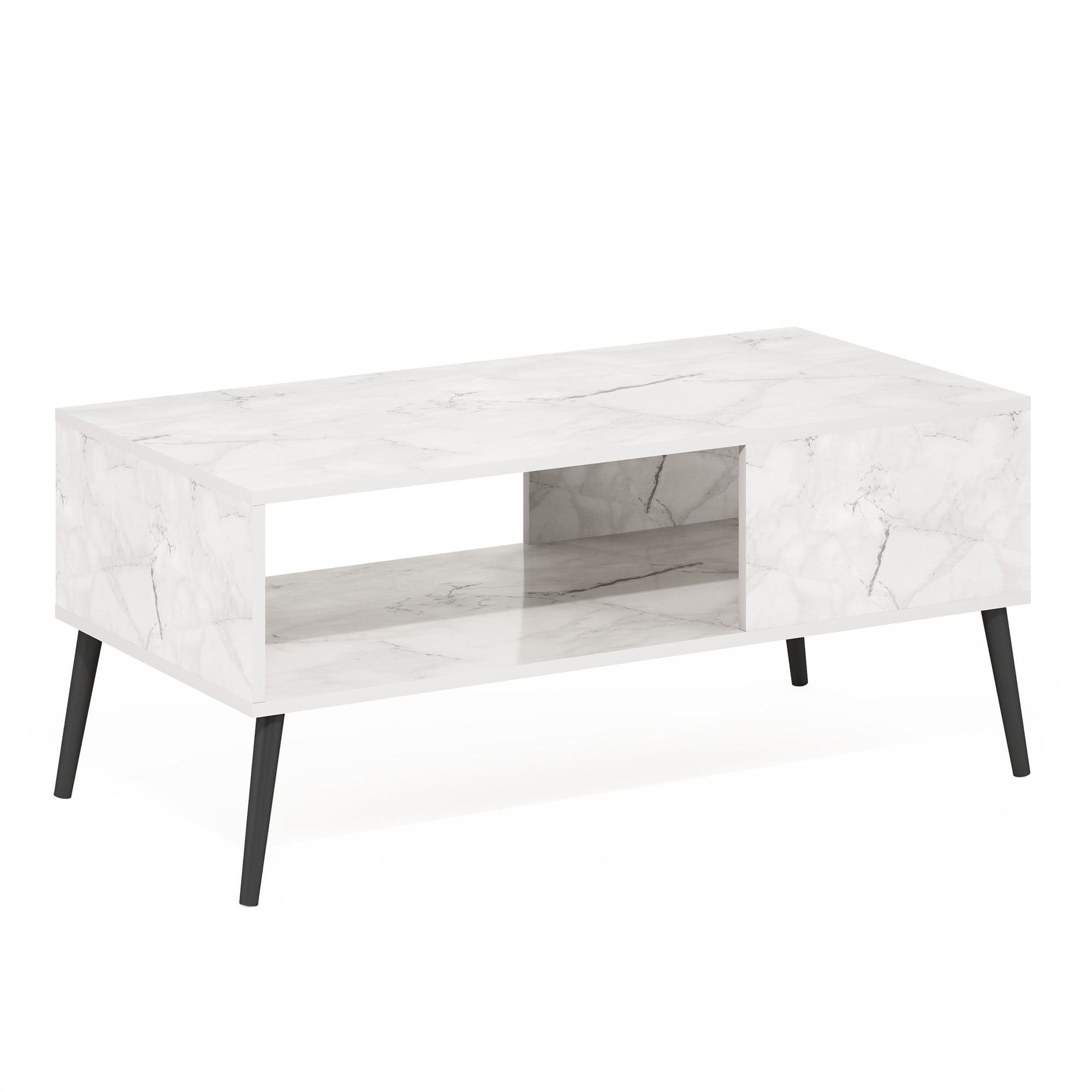 Furinno Claude Mid Century Style Coffee Table with Wood Legs. Marble White