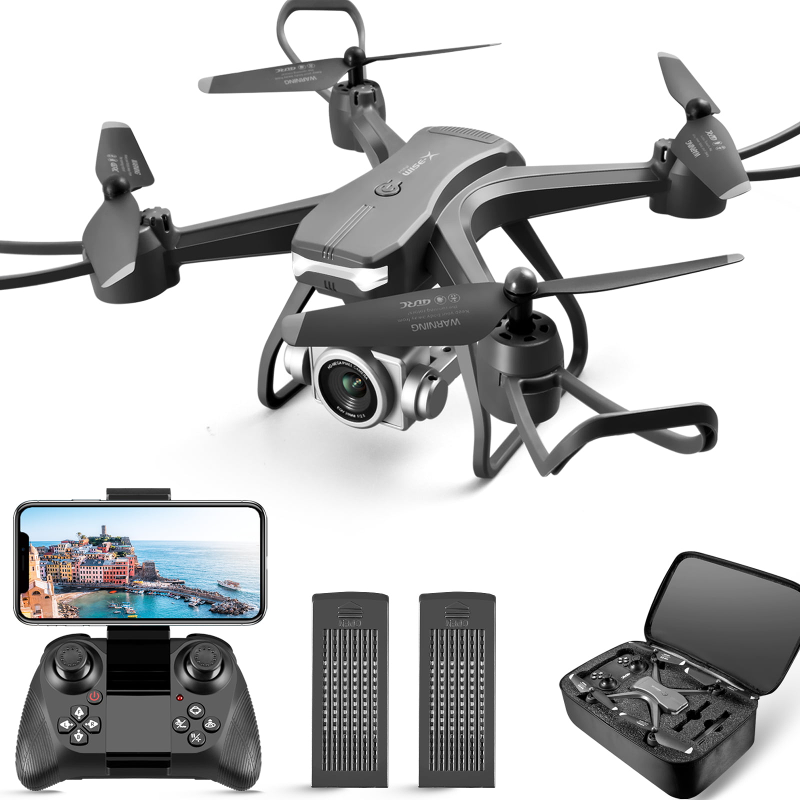 4DRC V14 Drone with 1080P HD Camera Live Video 120°Wide-Angle Wifi Altitude Hold. 3D Flip 2 Batteries Black