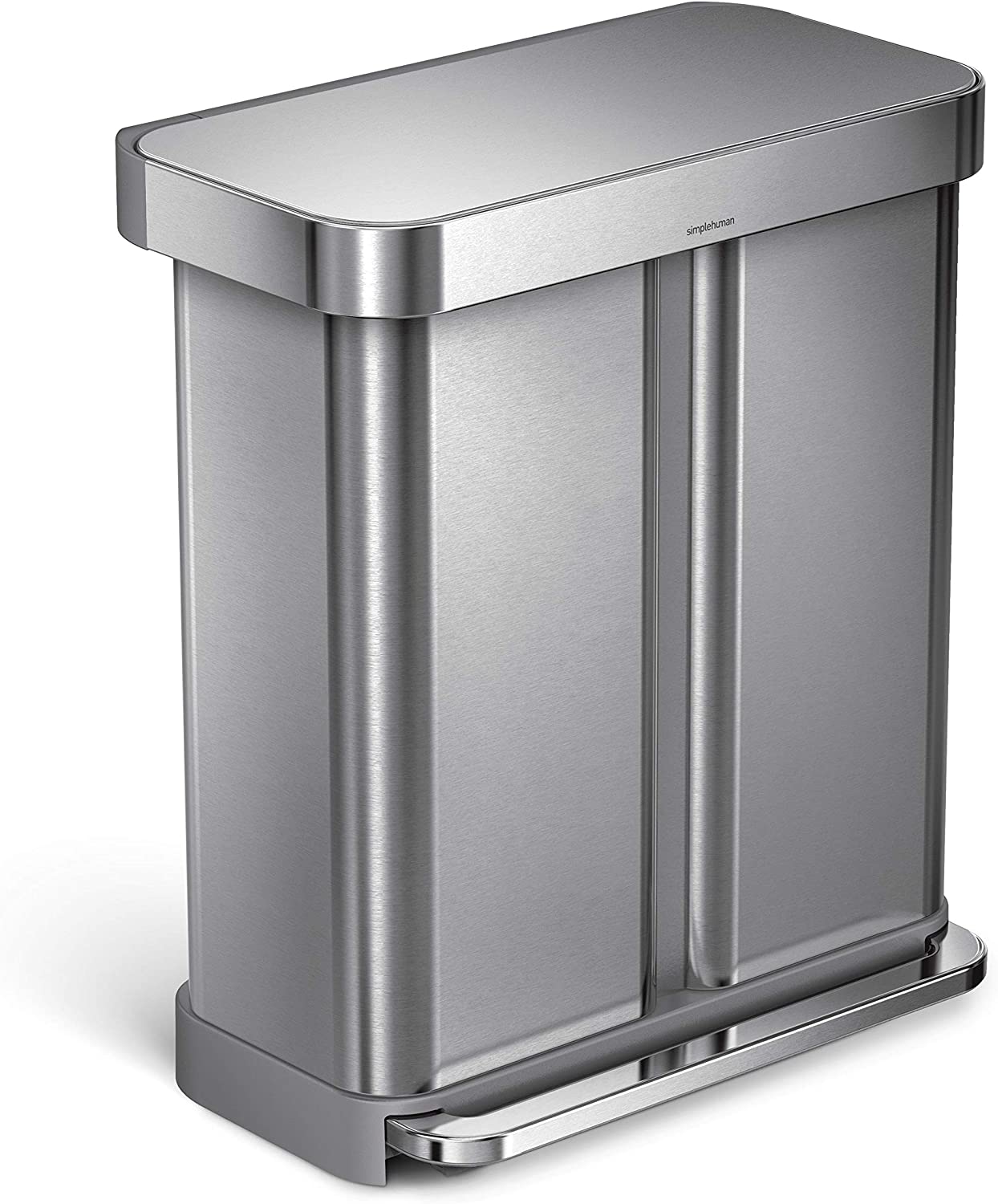 simplehuman 58 Liter / 15.3 Gallon Rectangular Hands-Free Dual Compartment Recycling Kitchen Step Trash Can with Soft-Close Lid. Brushed Stainless Steel