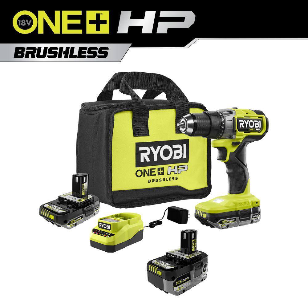 RYOBI PBLDD01K-PBP004 ONE+ HP 18V Brushless Cordless 2-Tool Combo Kit with Drill/Driver. Batteries. Charger. and Bag with Extra 4.0 Ah Battery