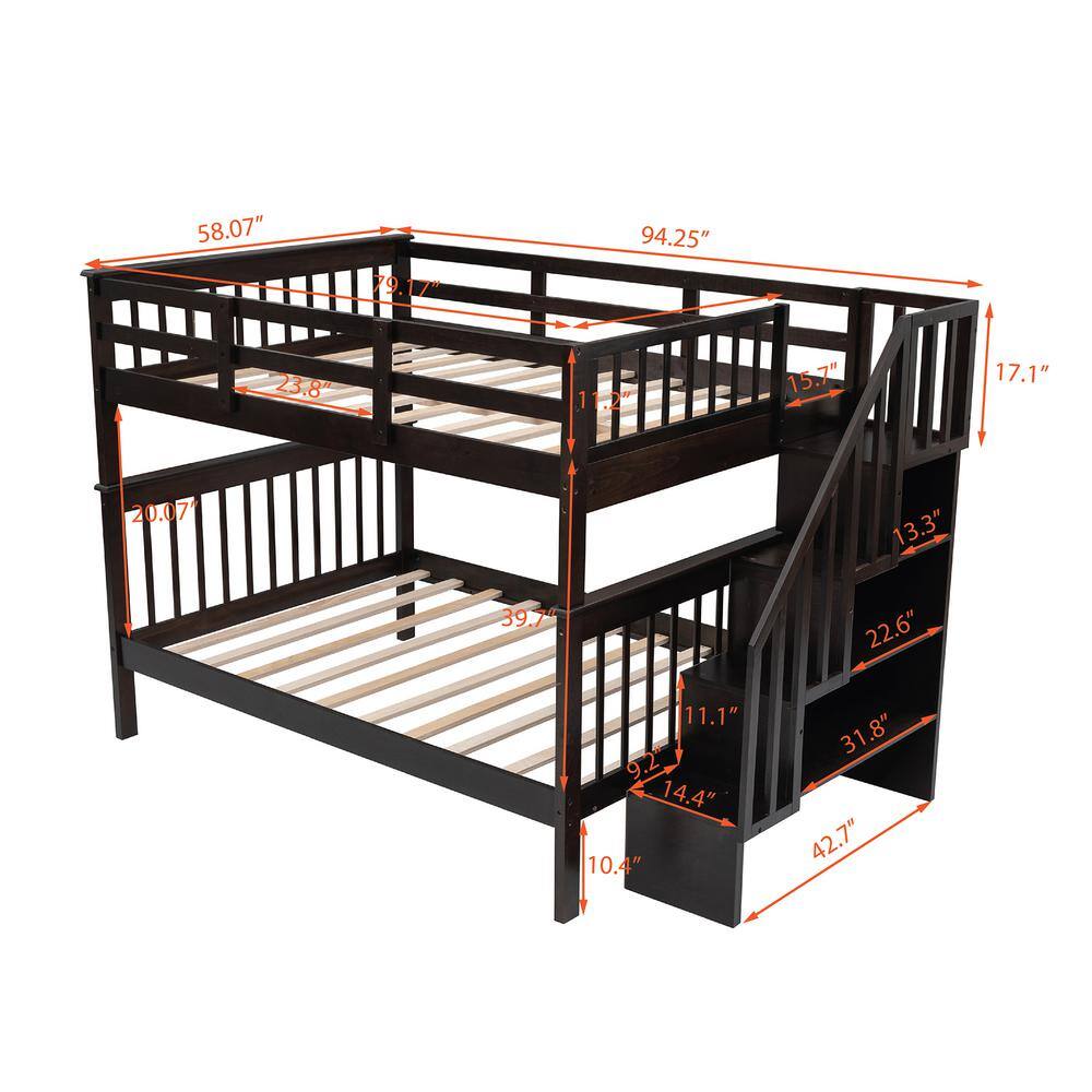 Harper & Bright Designs  Dark Brown Full Over Full Wooden Bunk Bed with Storage Stairway