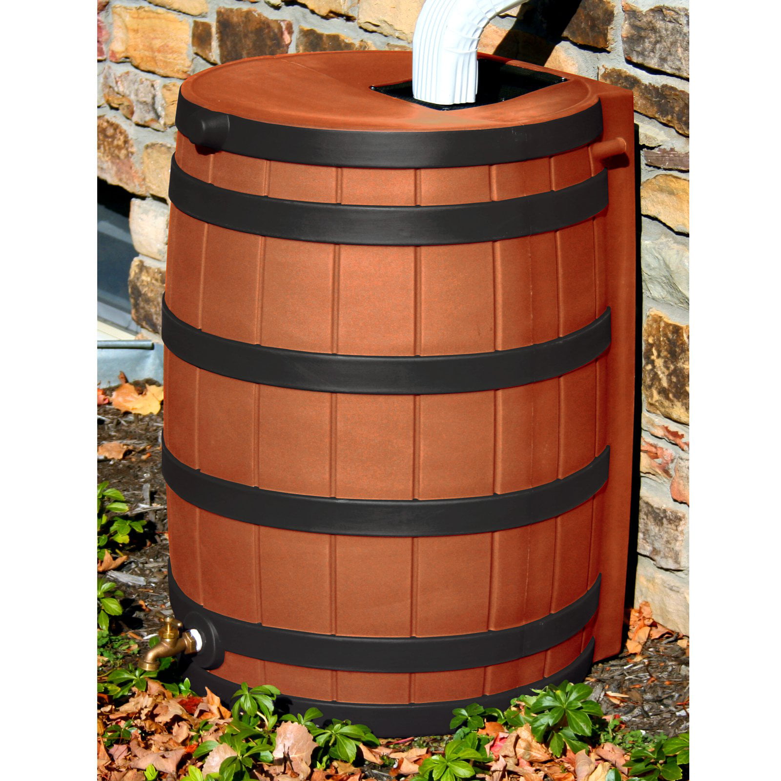 Good Ideas 50 Gallon Rain Wizard Darkened Rib Rain Barrel. Terra Cotta